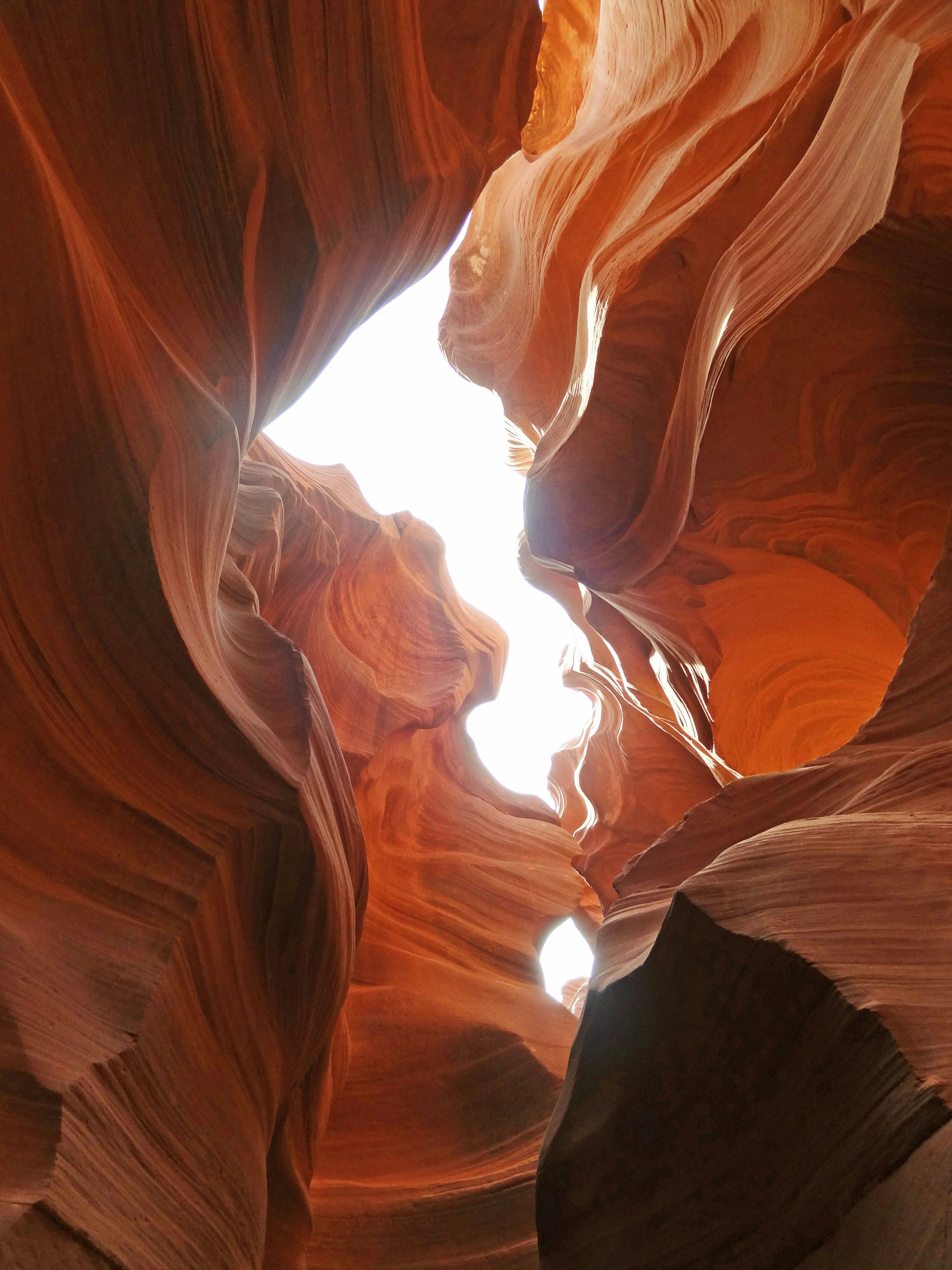 Vibrant orange rock formations in Antelope Canyon with light shining through