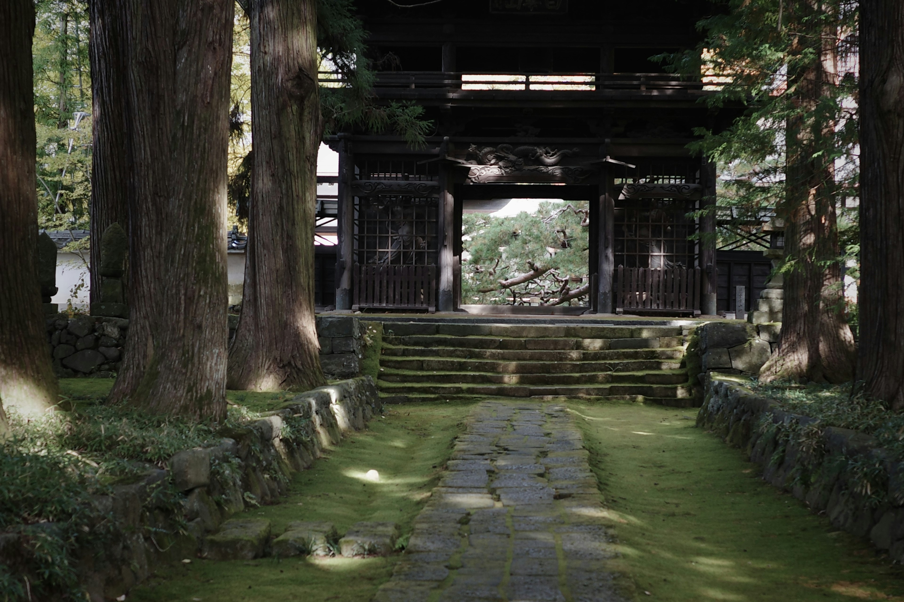 Entrance of a traditional Japanese building surrounded by moss-covered stone path and tall trees