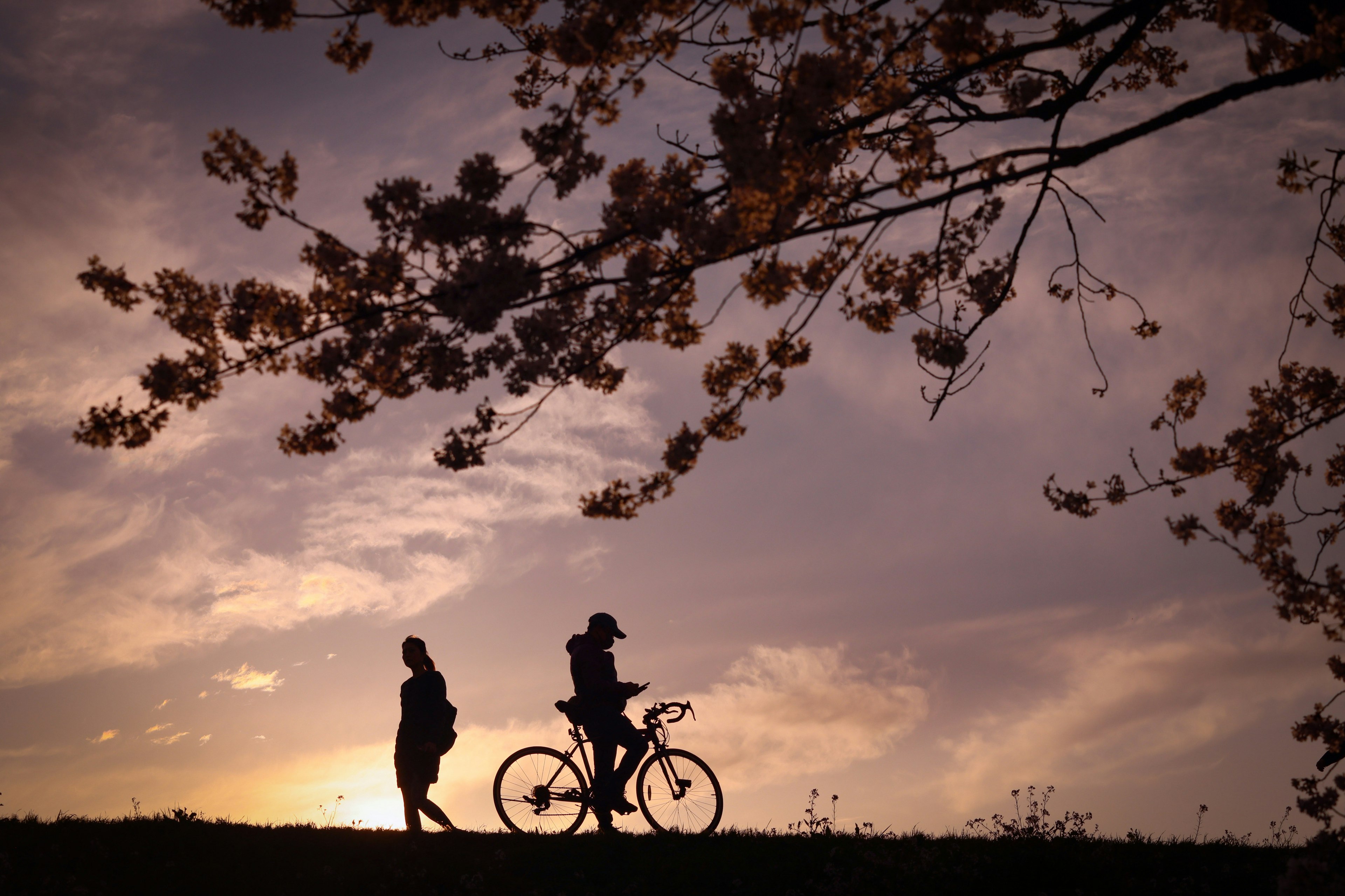 Silhouette di una persona che cammina e di un'altra in bicicletta al tramonto