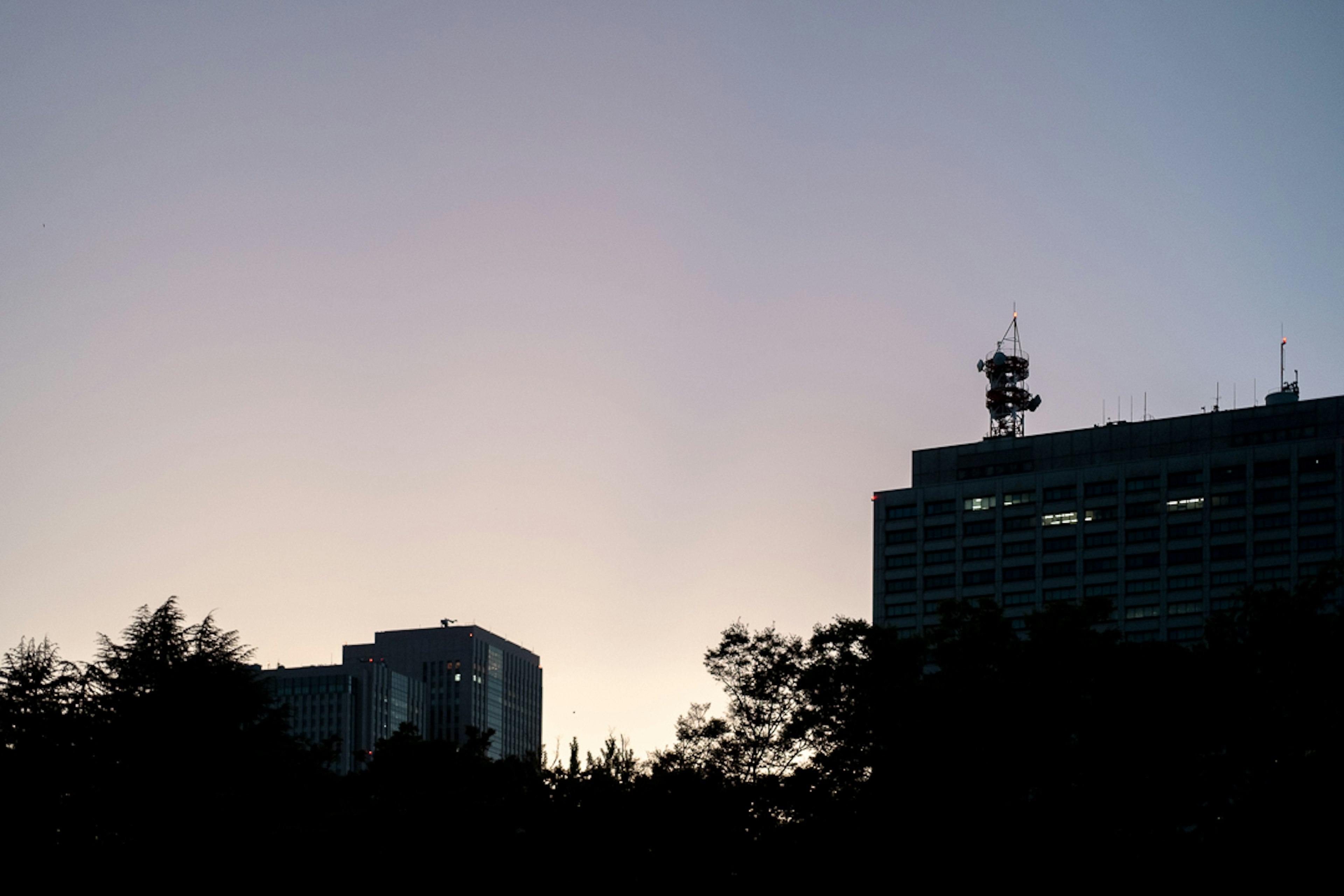 Profilo urbano al crepuscolo con edifici in silhouette e antenne