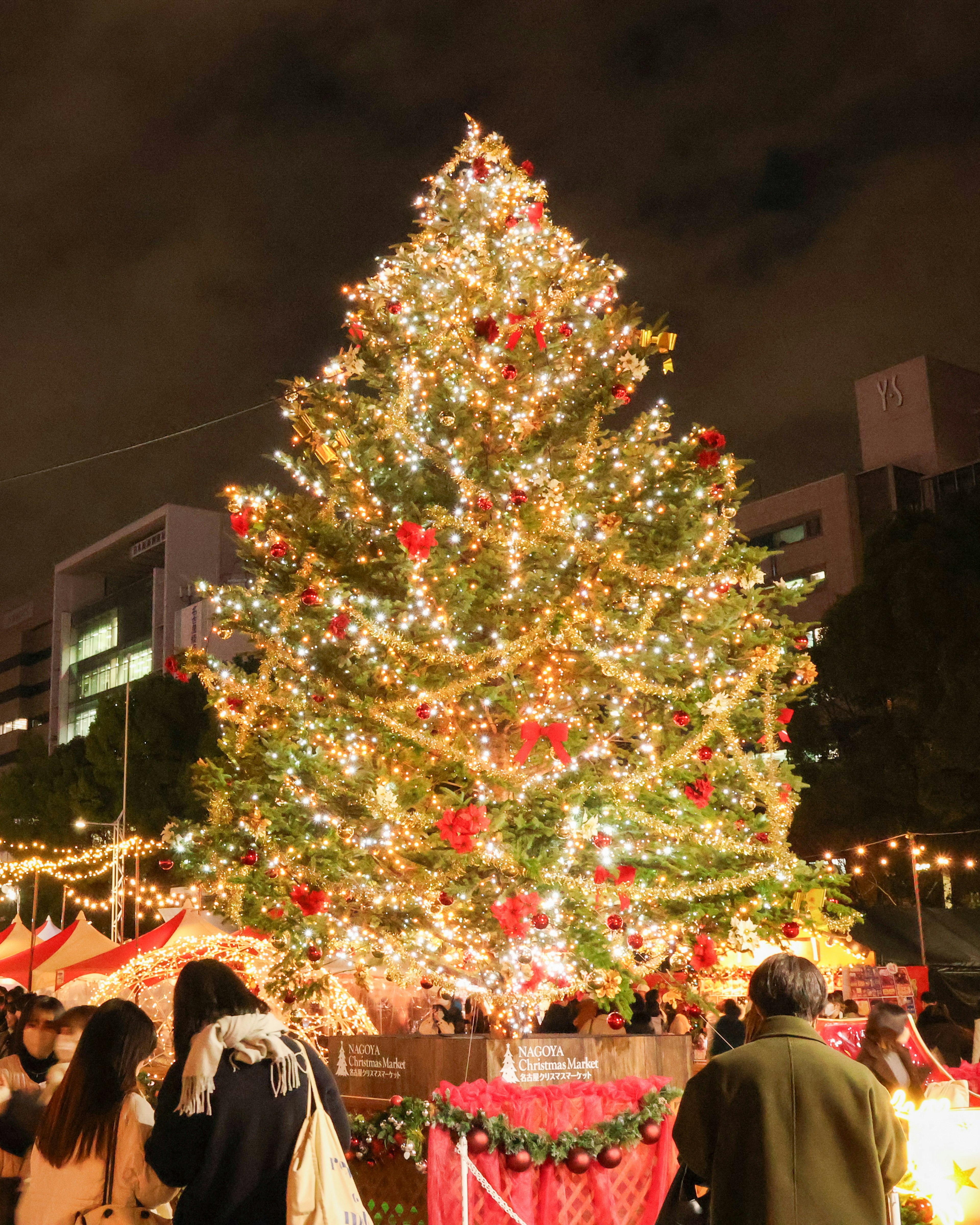 夜のクリスマスマーケットに輝く大きなクリスマスツリー