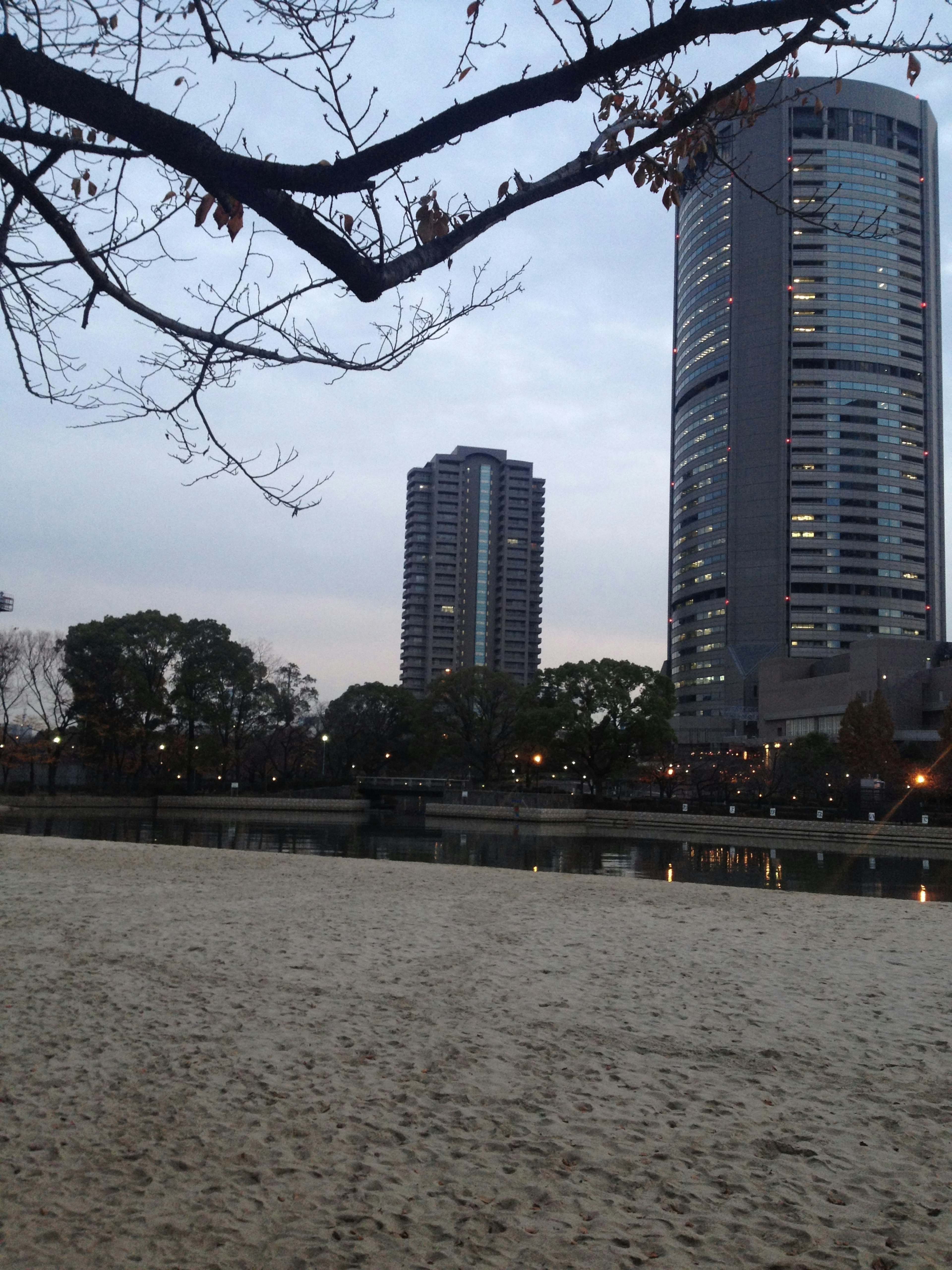 ビルと川の風景が広がる夕暮れの景色