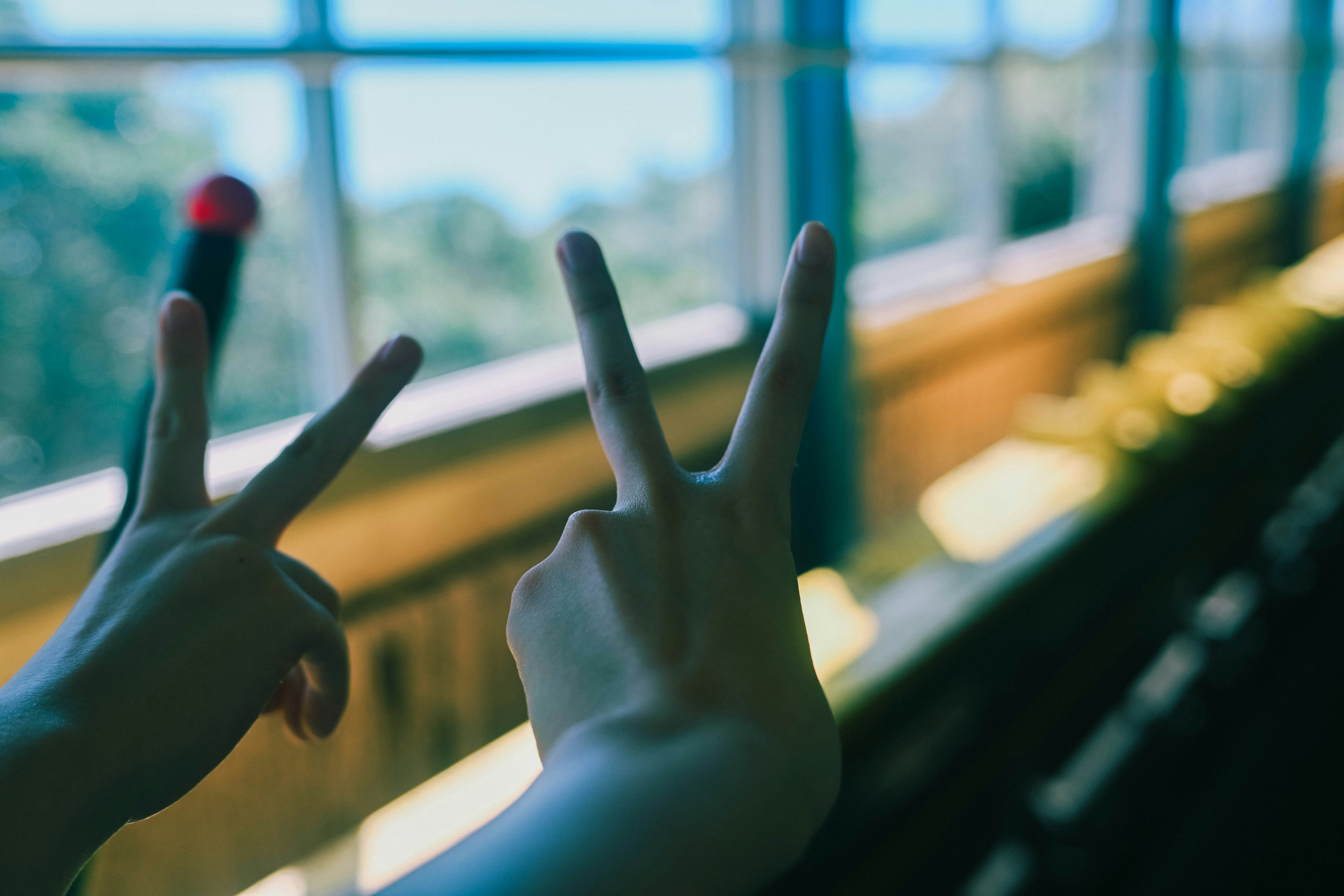 Foto von Händen, die Friedenszeichen nahe einem Fenster machen