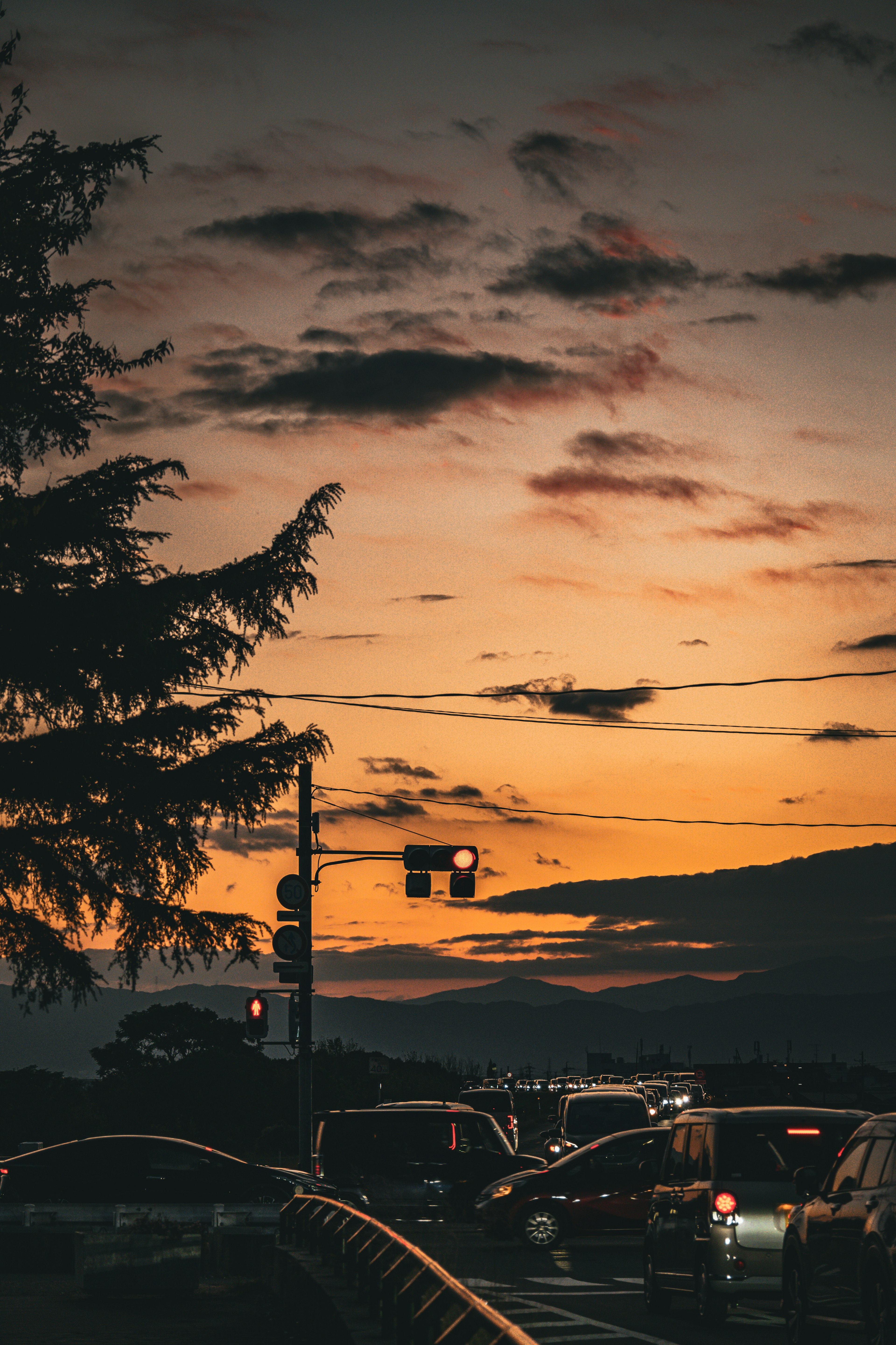 Traffic signals and a line of cars under a sunset sky