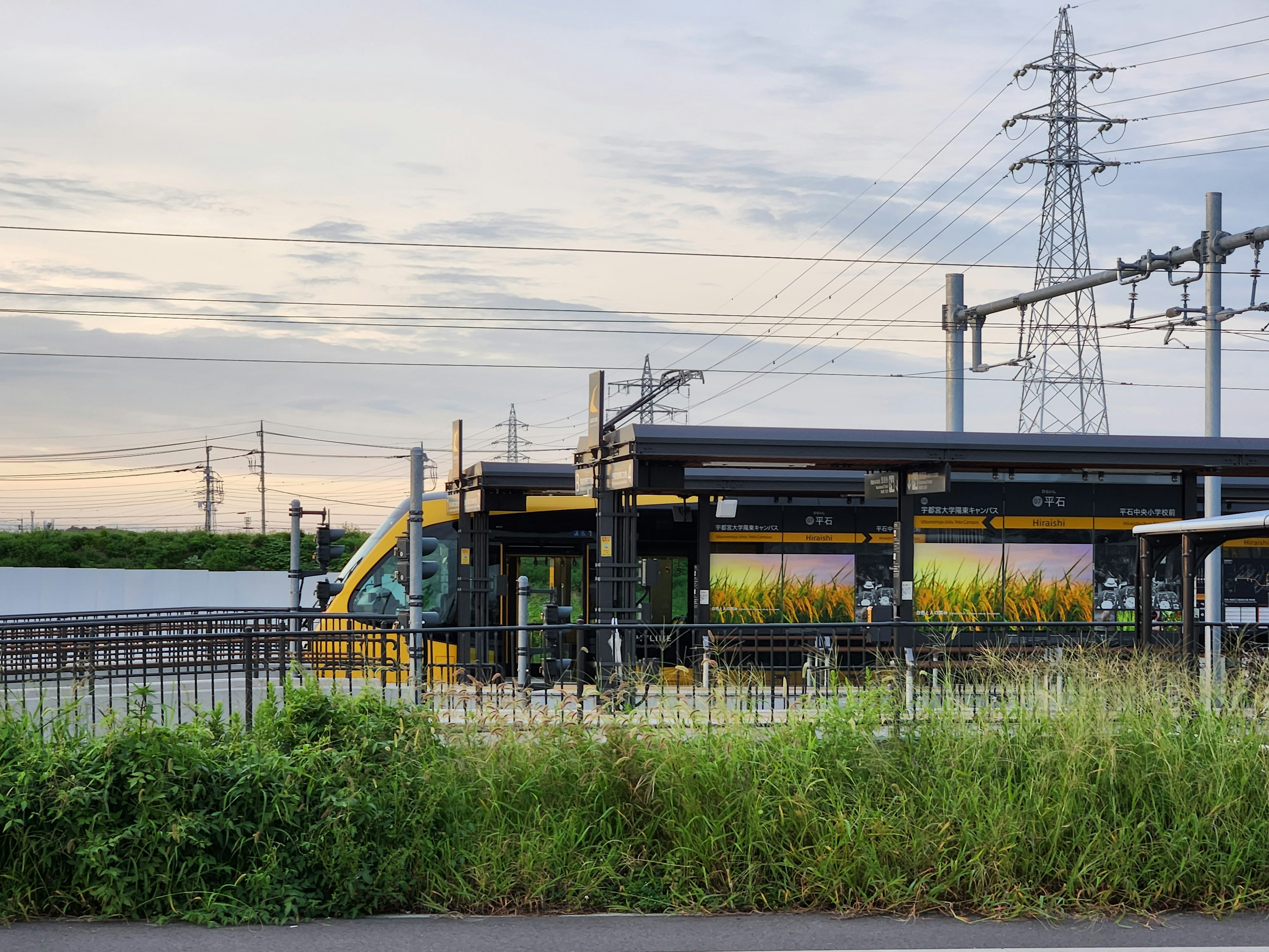 Una plataforma de estación de tren rodeada de hierba con líneas eléctricas al fondo