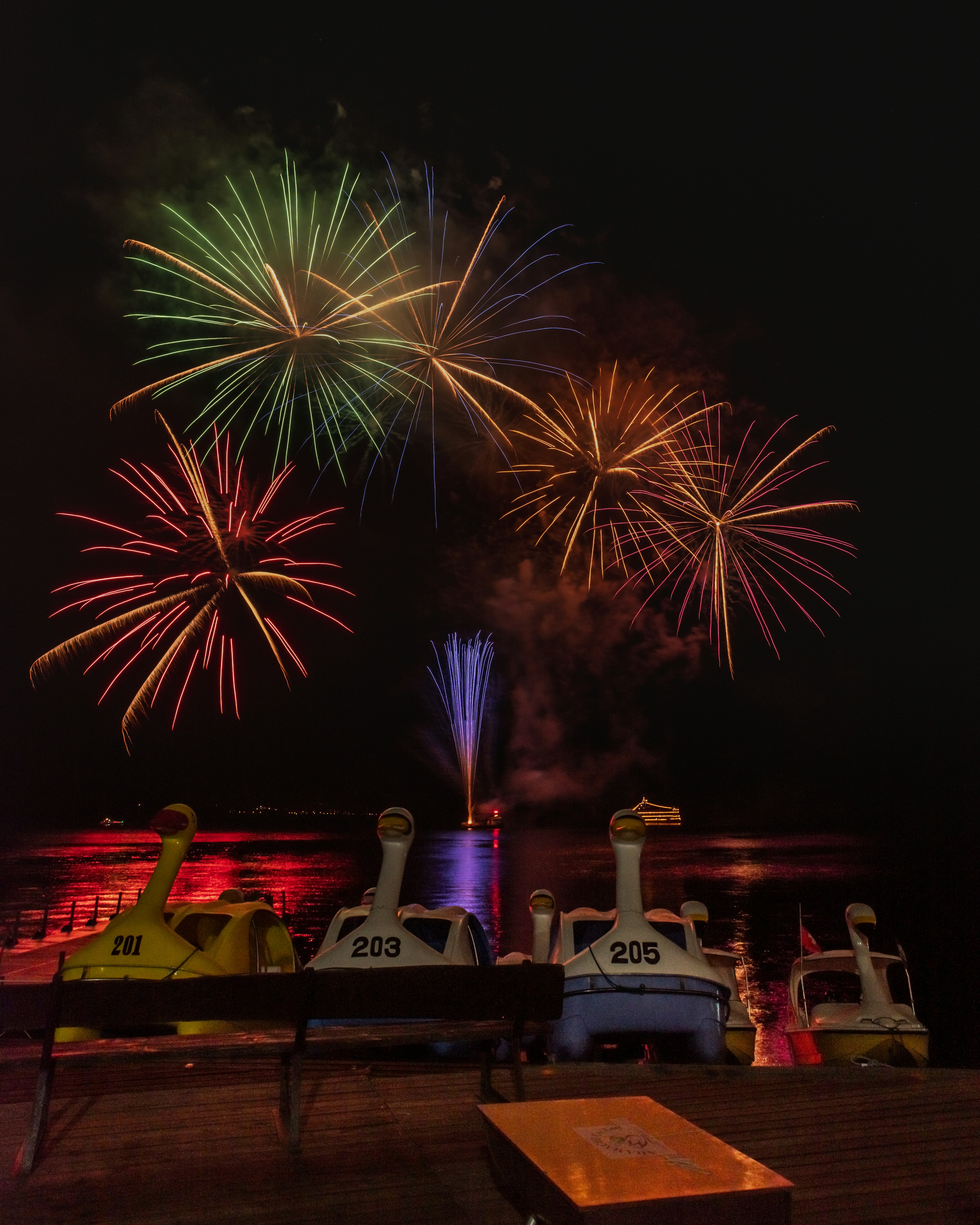 夜空中绽放着绚丽的烟花，而前景中可见游乐园的游乐设施