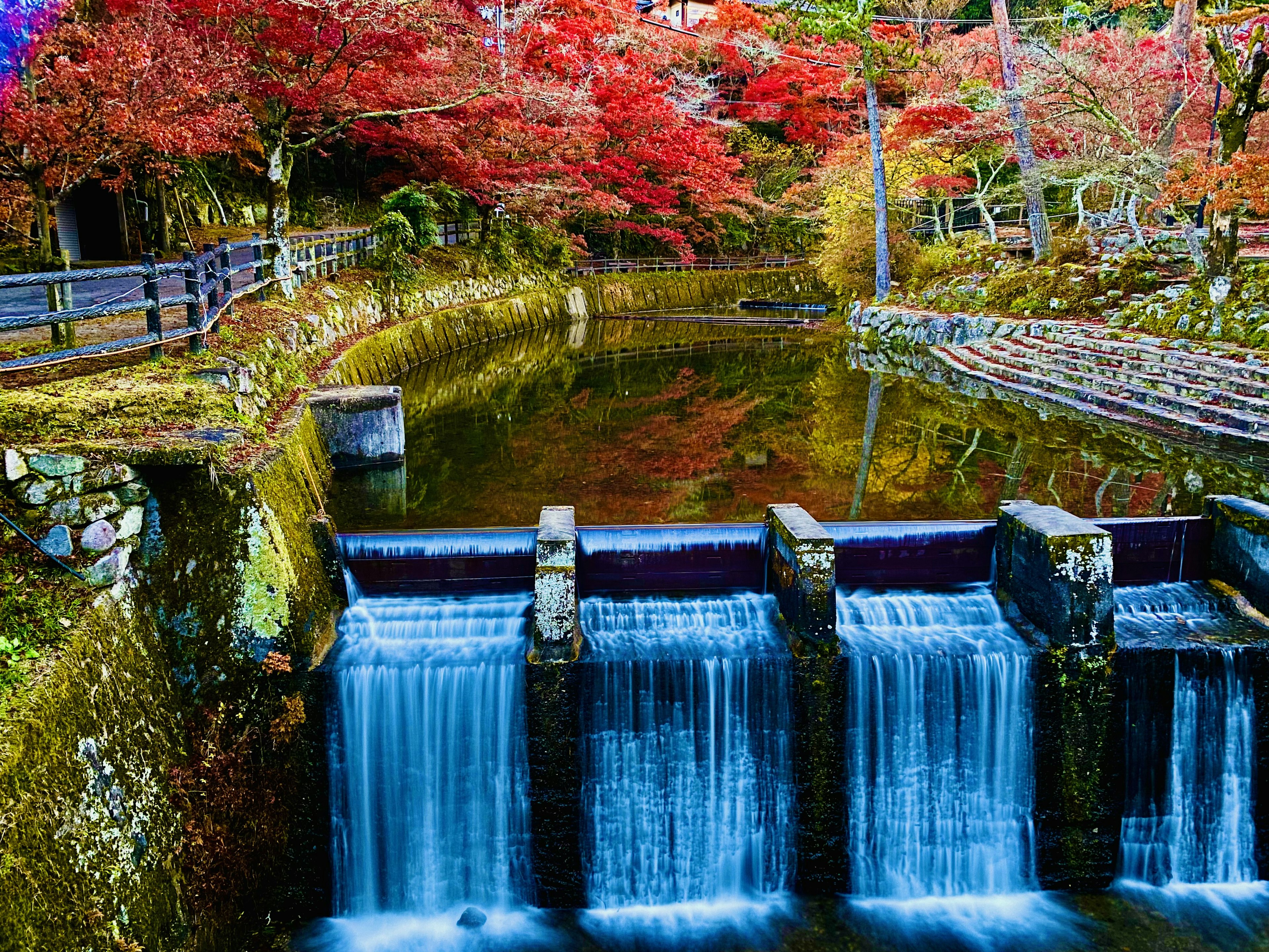 Schöner Bach, der bunte Herbstblätter und eine ruhige Wasseroberfläche spiegelt