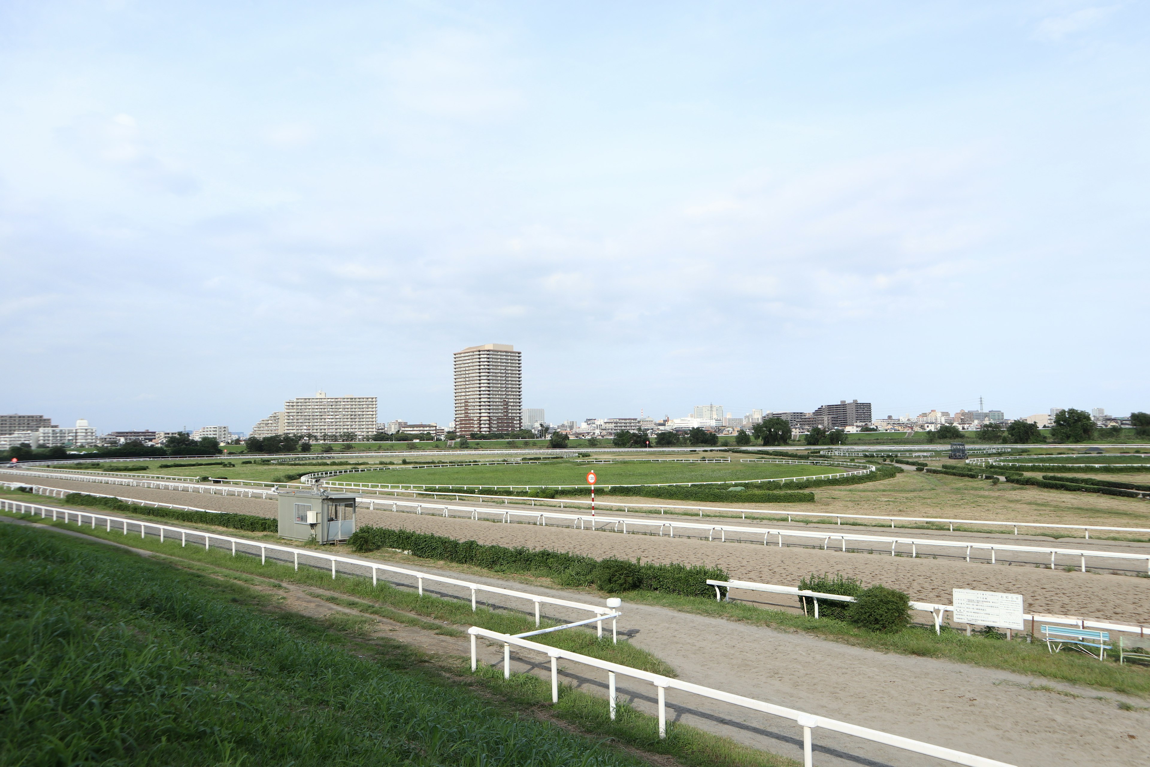 Spacious view of a racetrack with tall buildings in the background