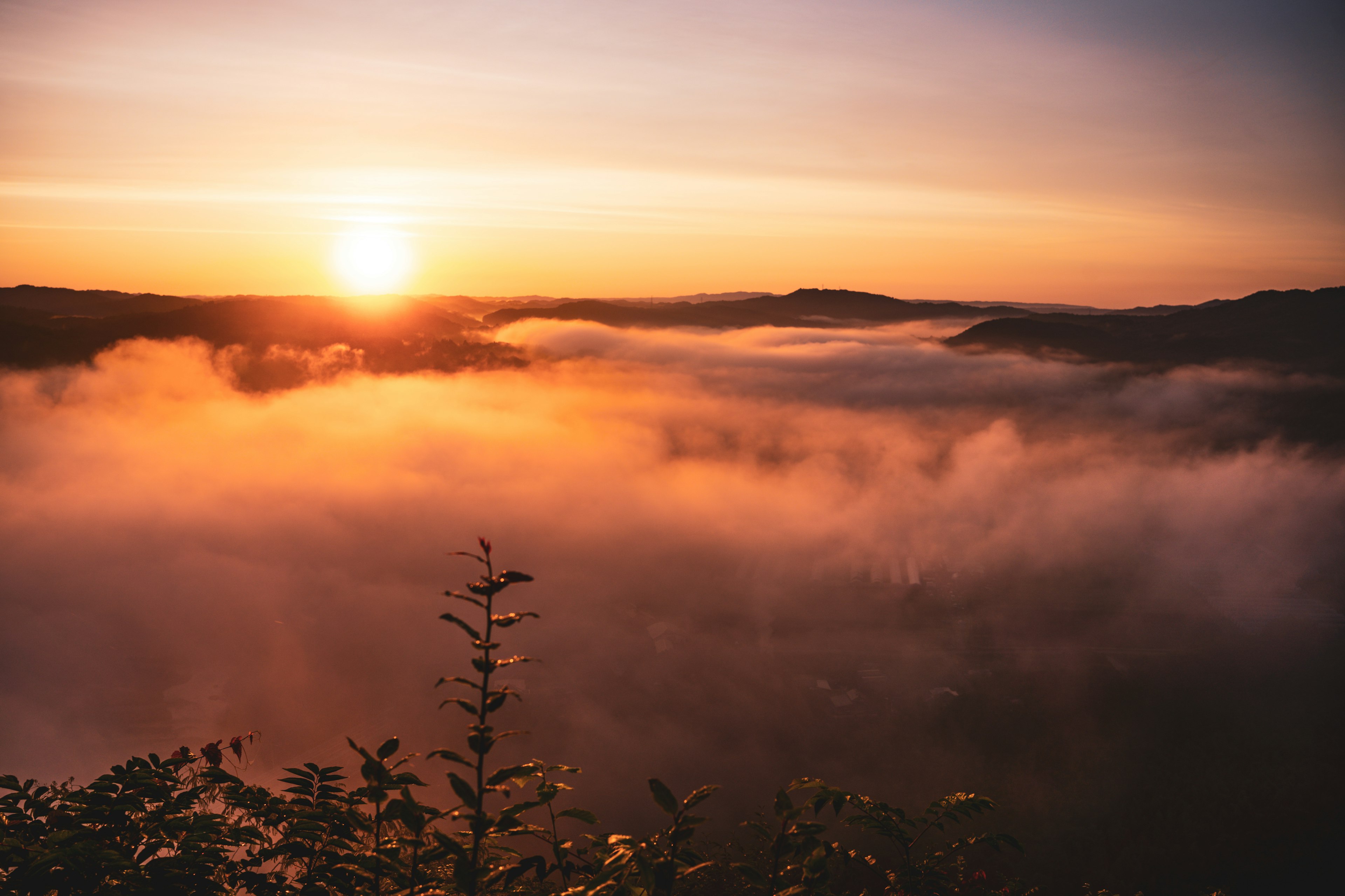 Alba su montagne nebbiose con nebbia che copre il paesaggio