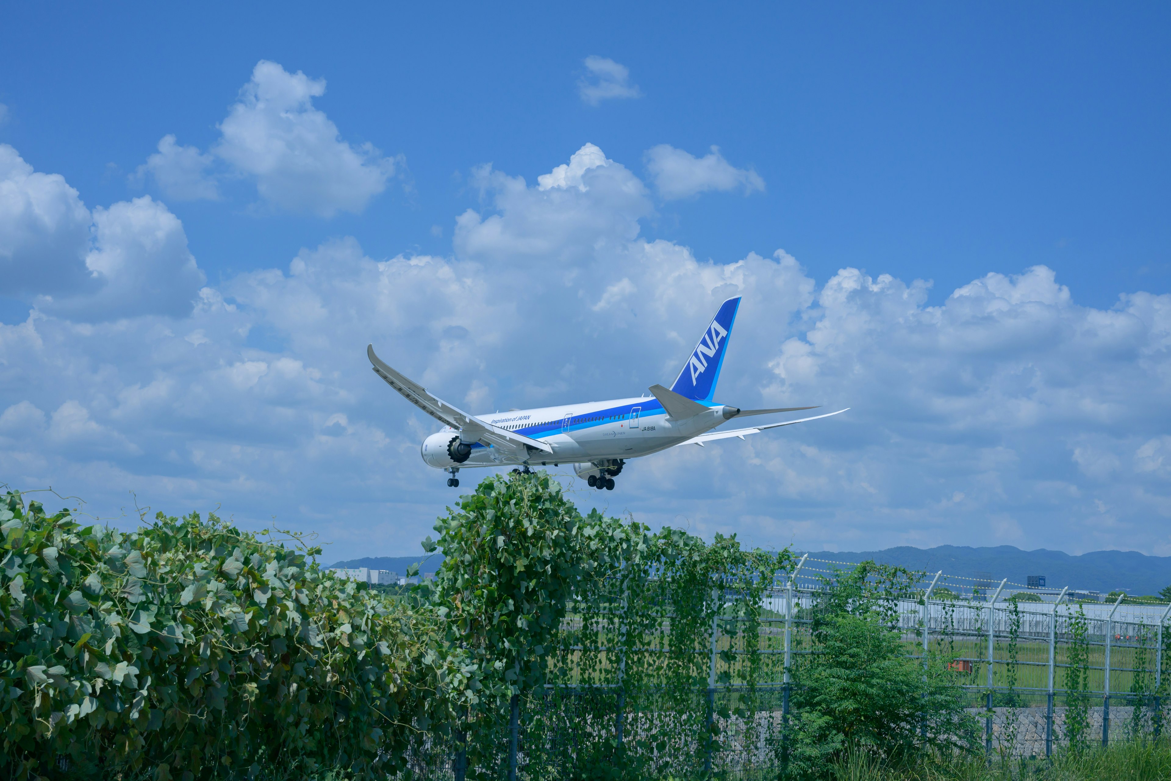 Ein Flugzeug fliegt niedrig vor einem blauen Himmel mit fluffigen Wolken