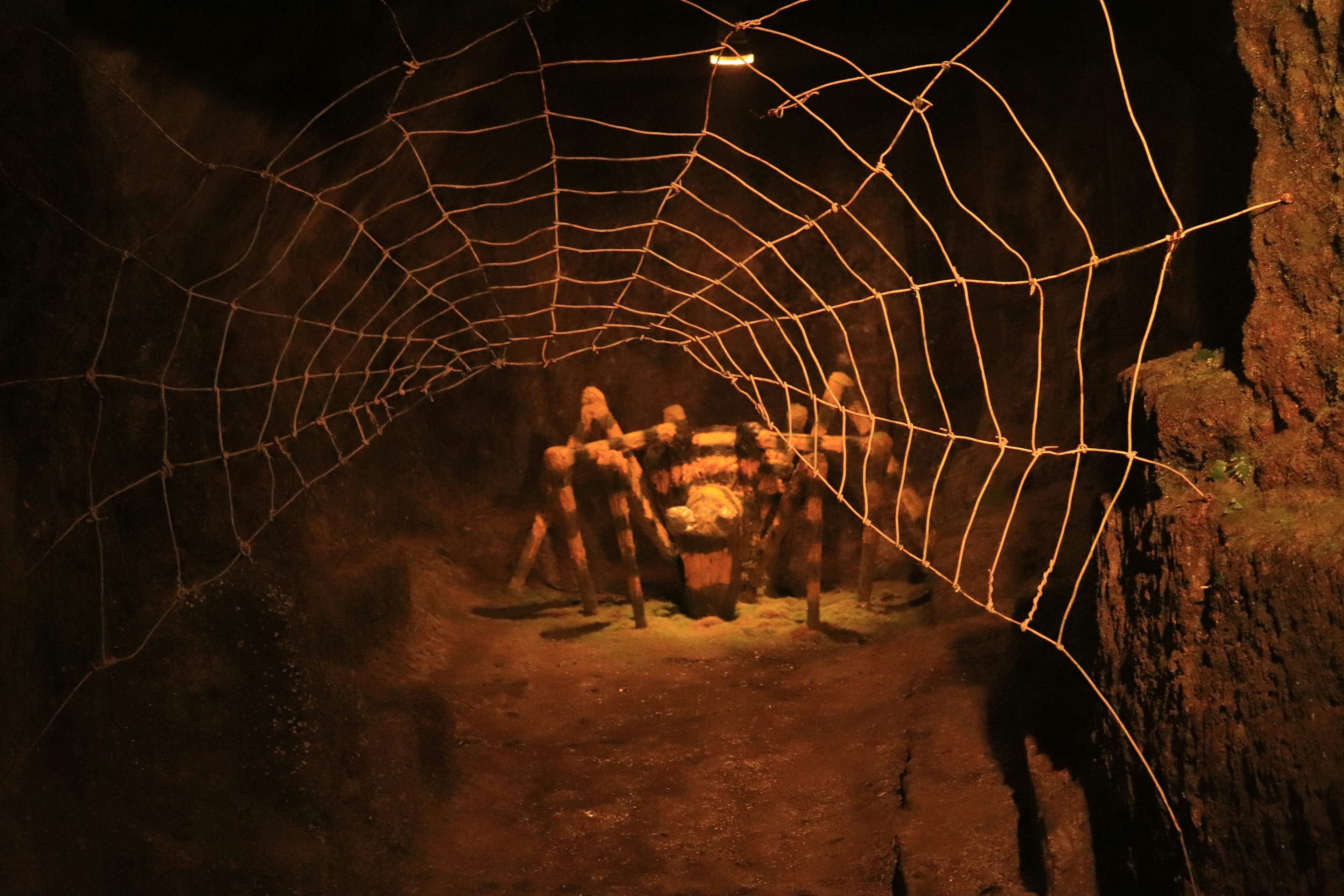 Ein großes Spinnennetz in einer dunklen Höhle mit Figuren im Hintergrund