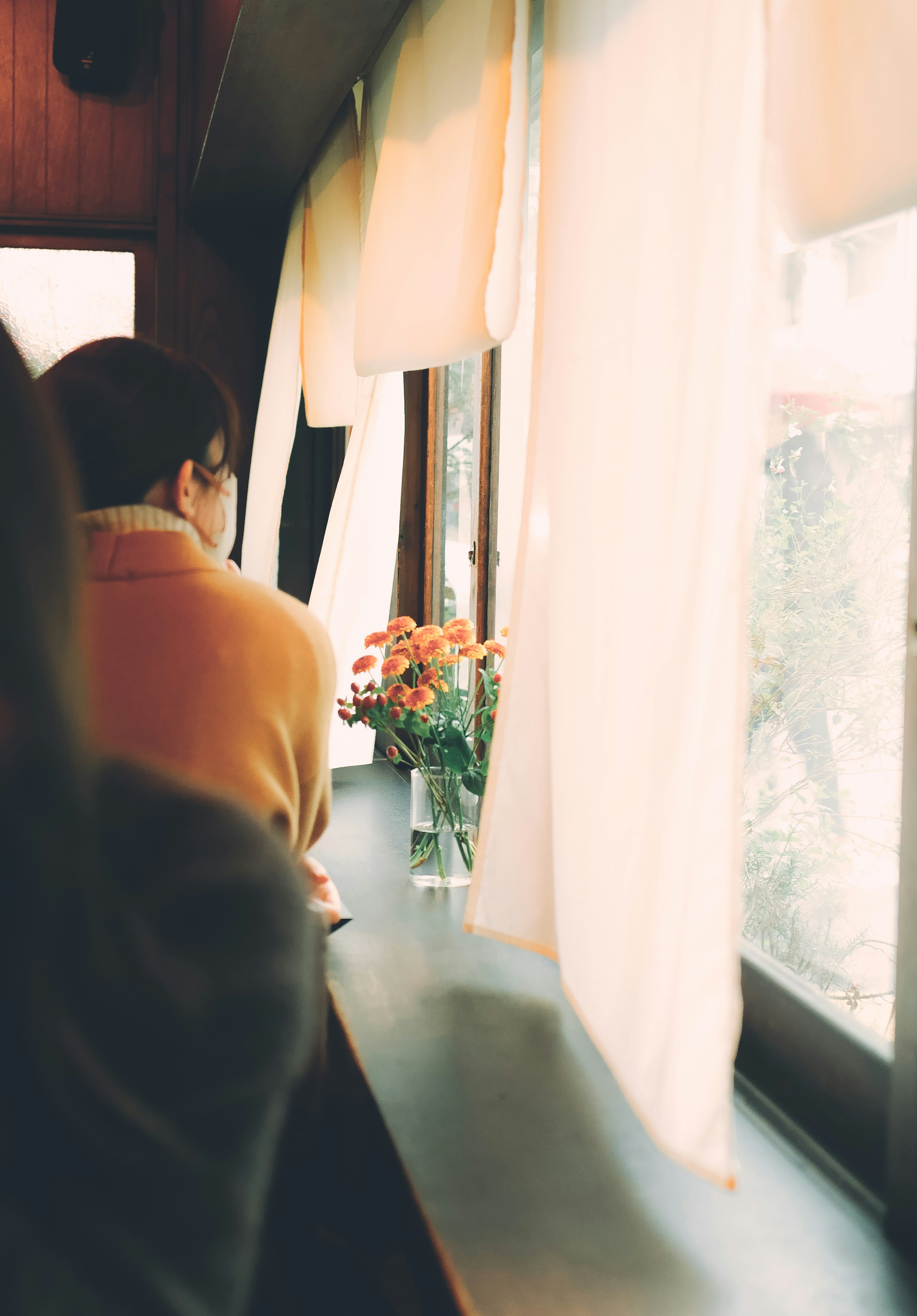 Une personne assise près de la fenêtre avec un vase de fleurs