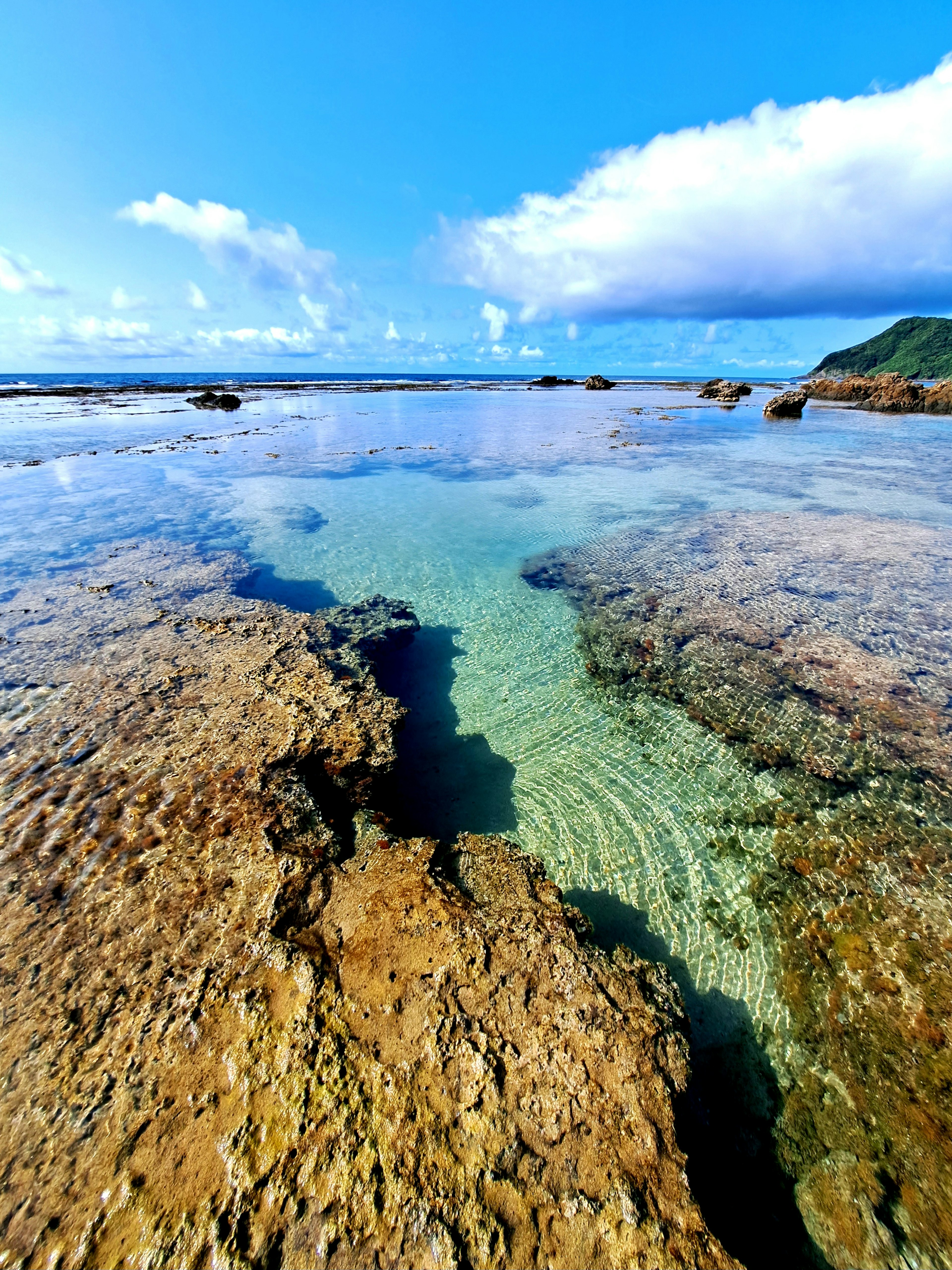 Coastal landscape with clear water and rocky shoreline