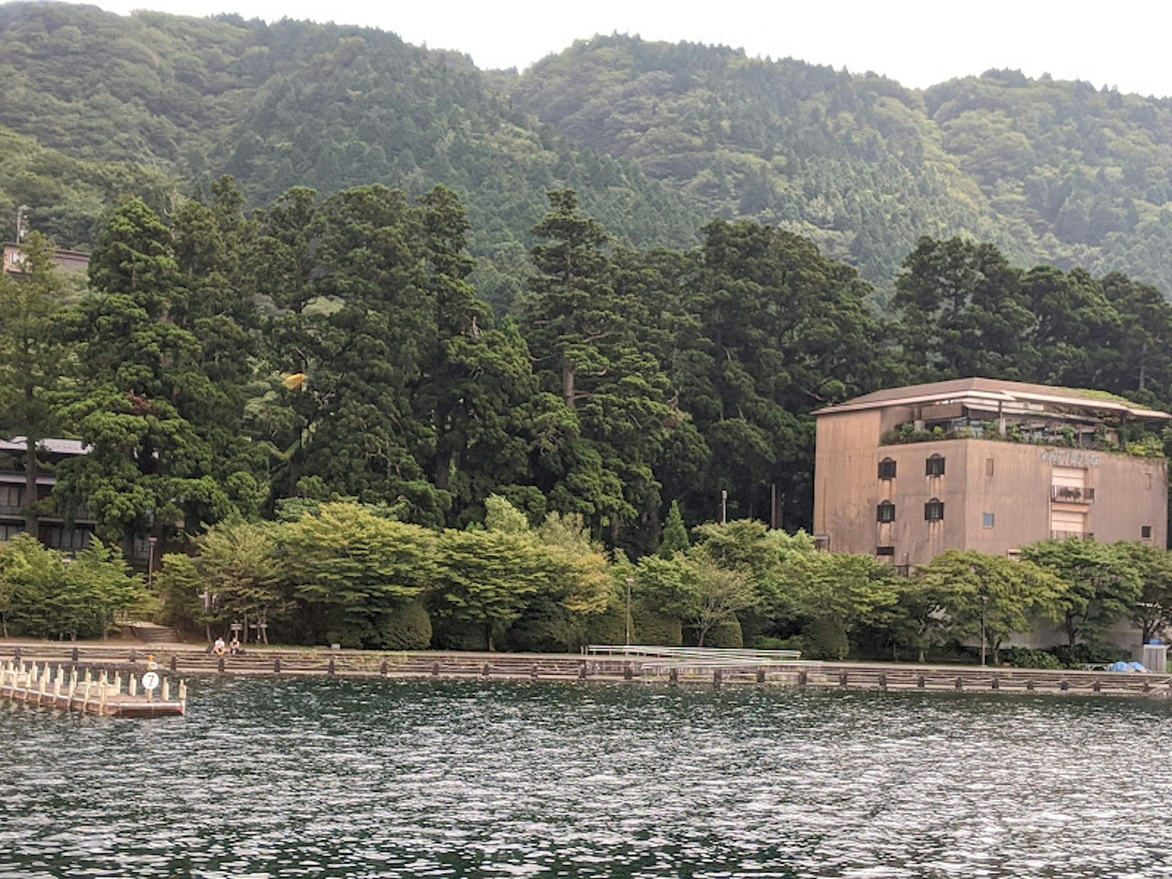 宁静湖泊的风景，四周环绕着山脉和郁郁葱葱的树木