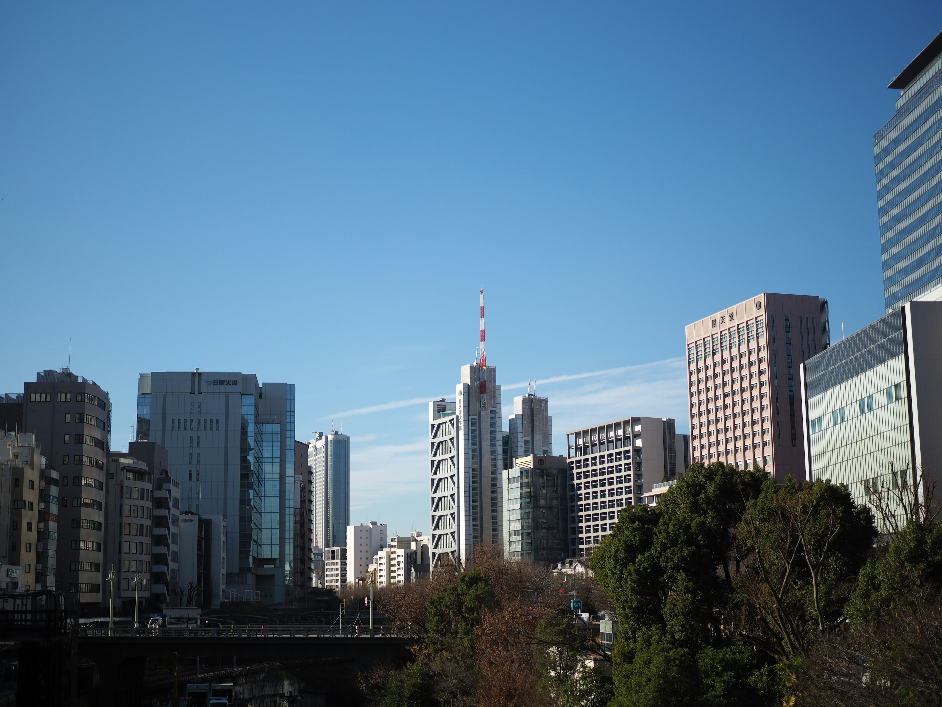 Garis langit Tokyo dengan gedung pencakar langit modern di bawah langit biru yang cerah