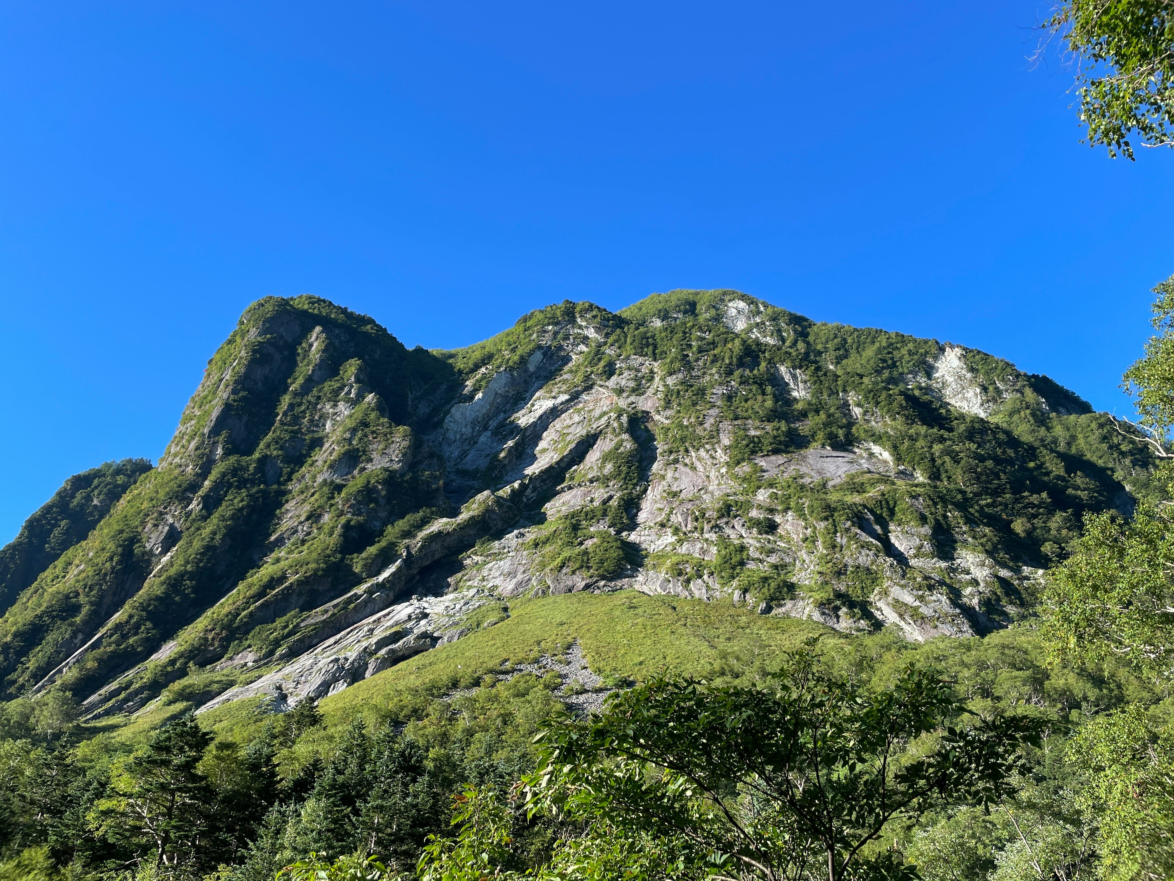 青空の下にそびえる緑の山々の風景