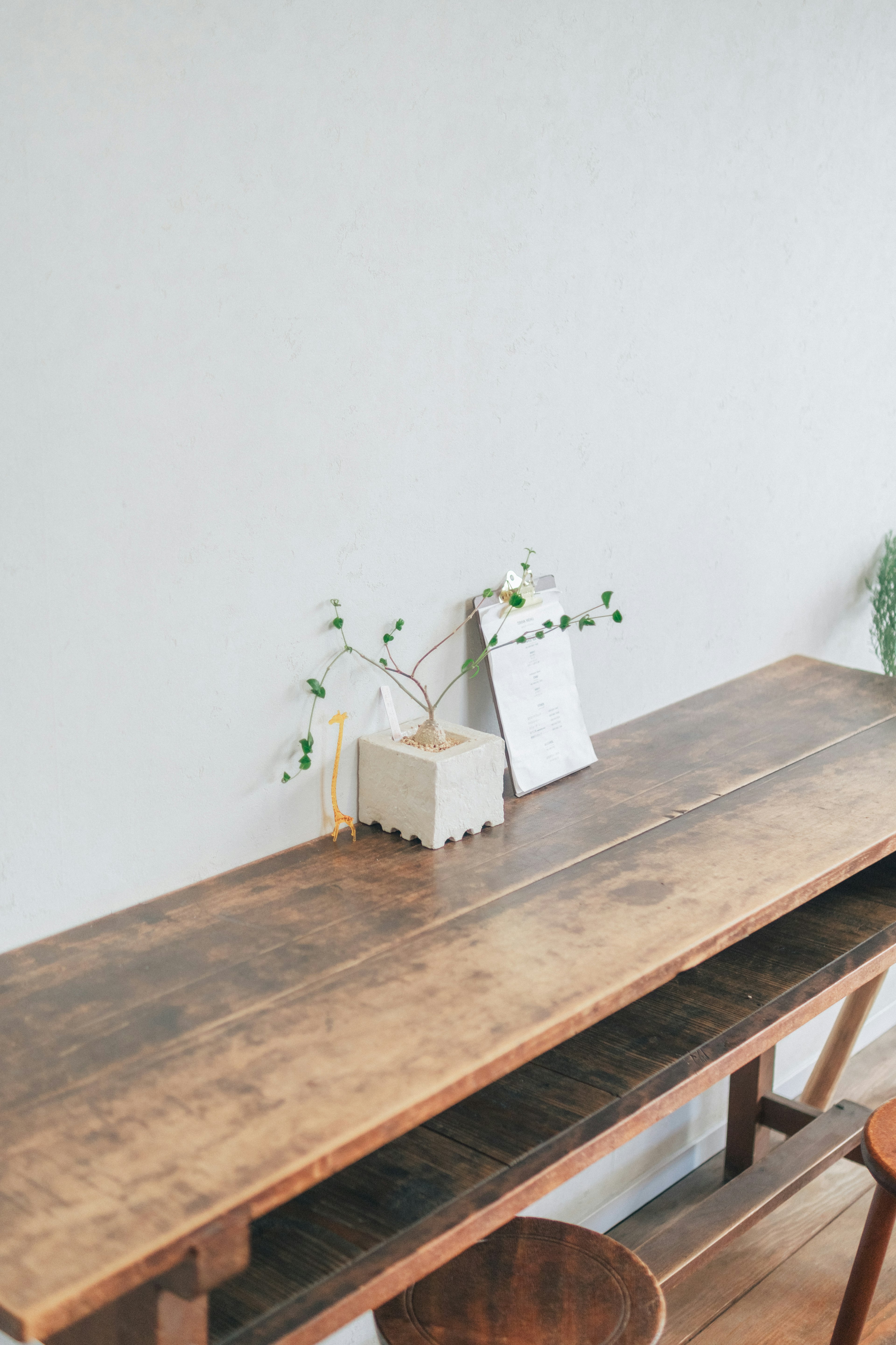 Ein Holztisch mit einer Pflanzenanordnung und einer Notiz in einem minimalistischen Interieur