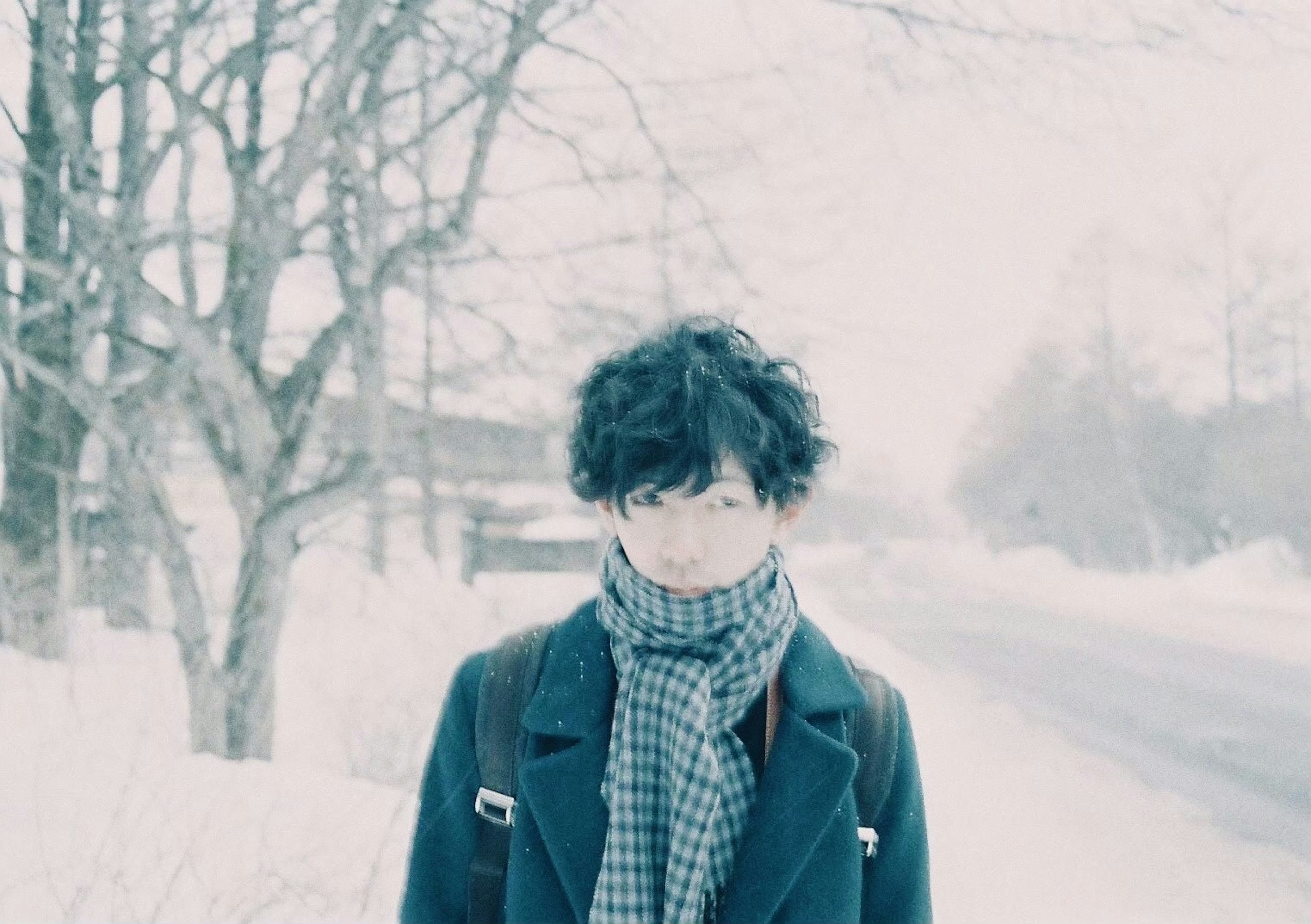 Joven de pie en la nieve con cabello negro rizado usando una bufanda luciendo frío en un paisaje invernal