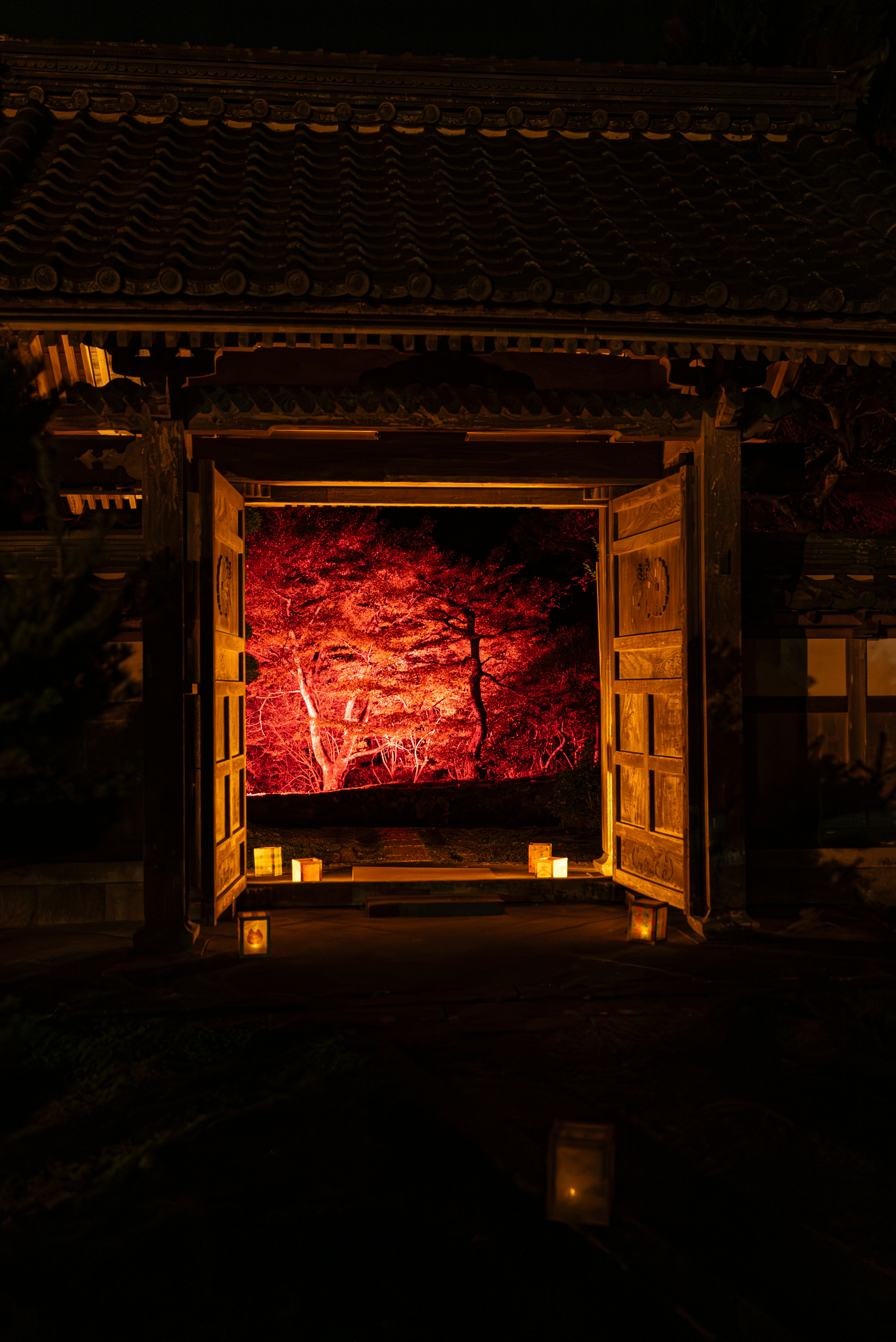 Porta del tempio aperta che rivela un muro di roccia rossa illuminato da candele