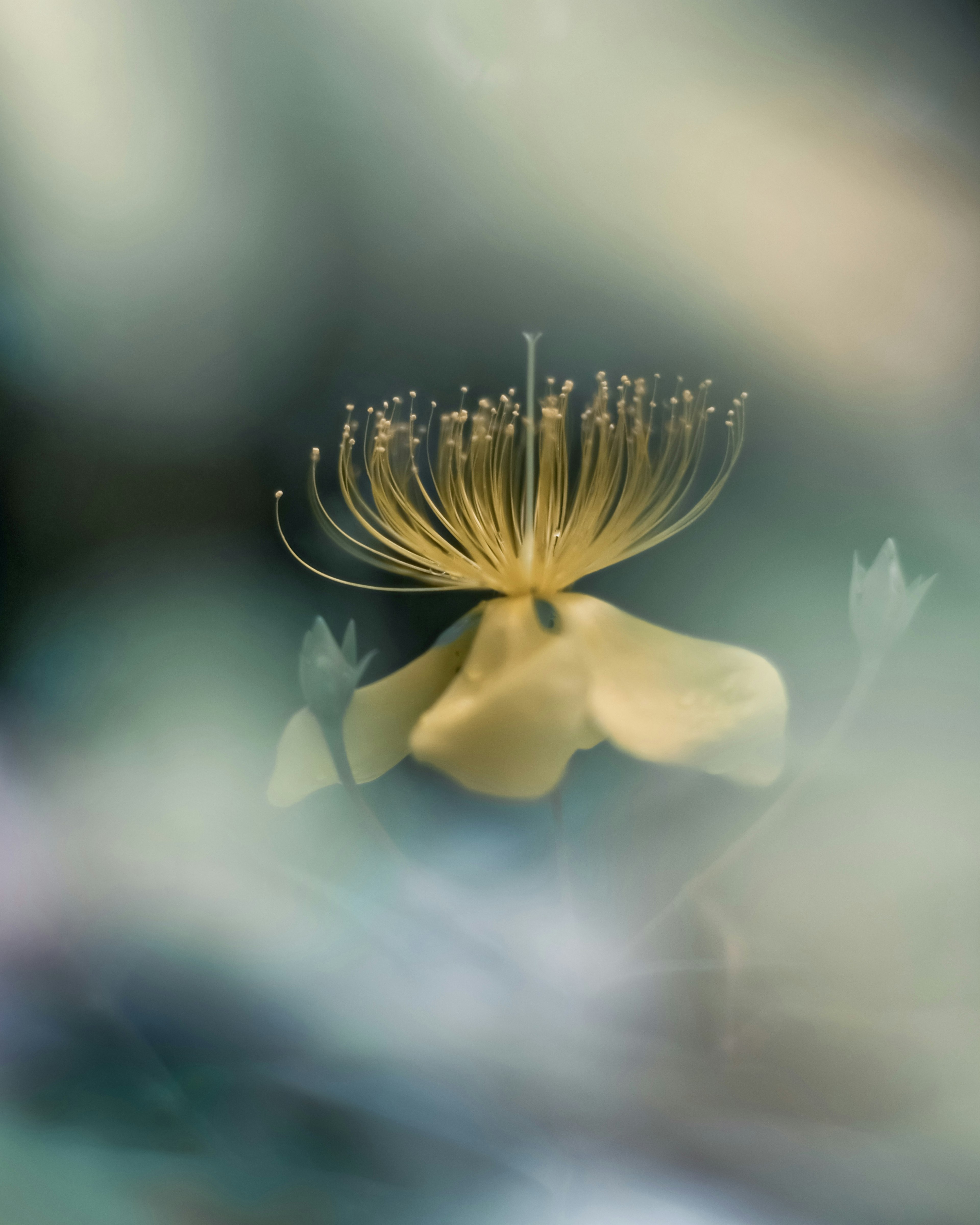 Gros plan d'une fleur jaune entourée de couleurs douces pétales délicats et étamines distinctives