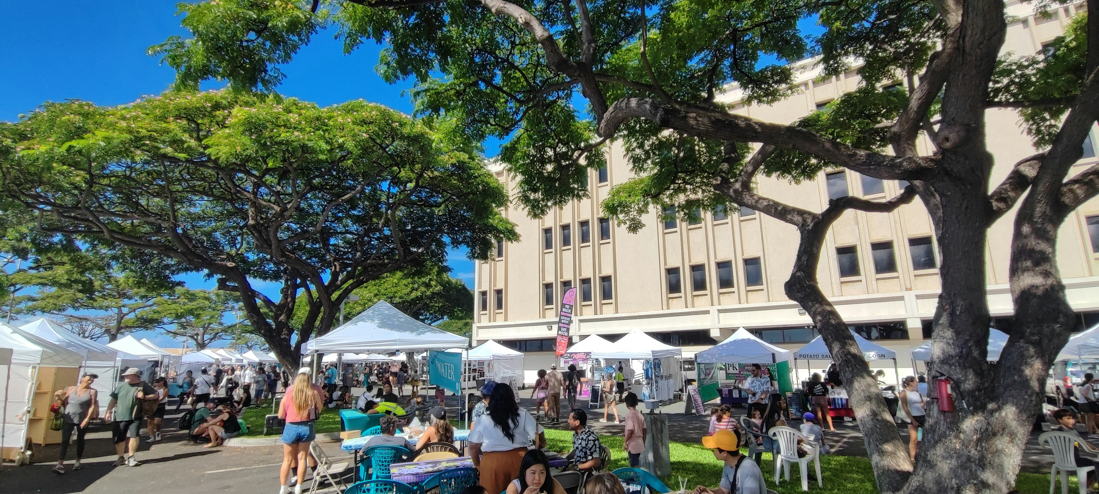 Bustling market scene under a blue sky large trees and white tents lining the area