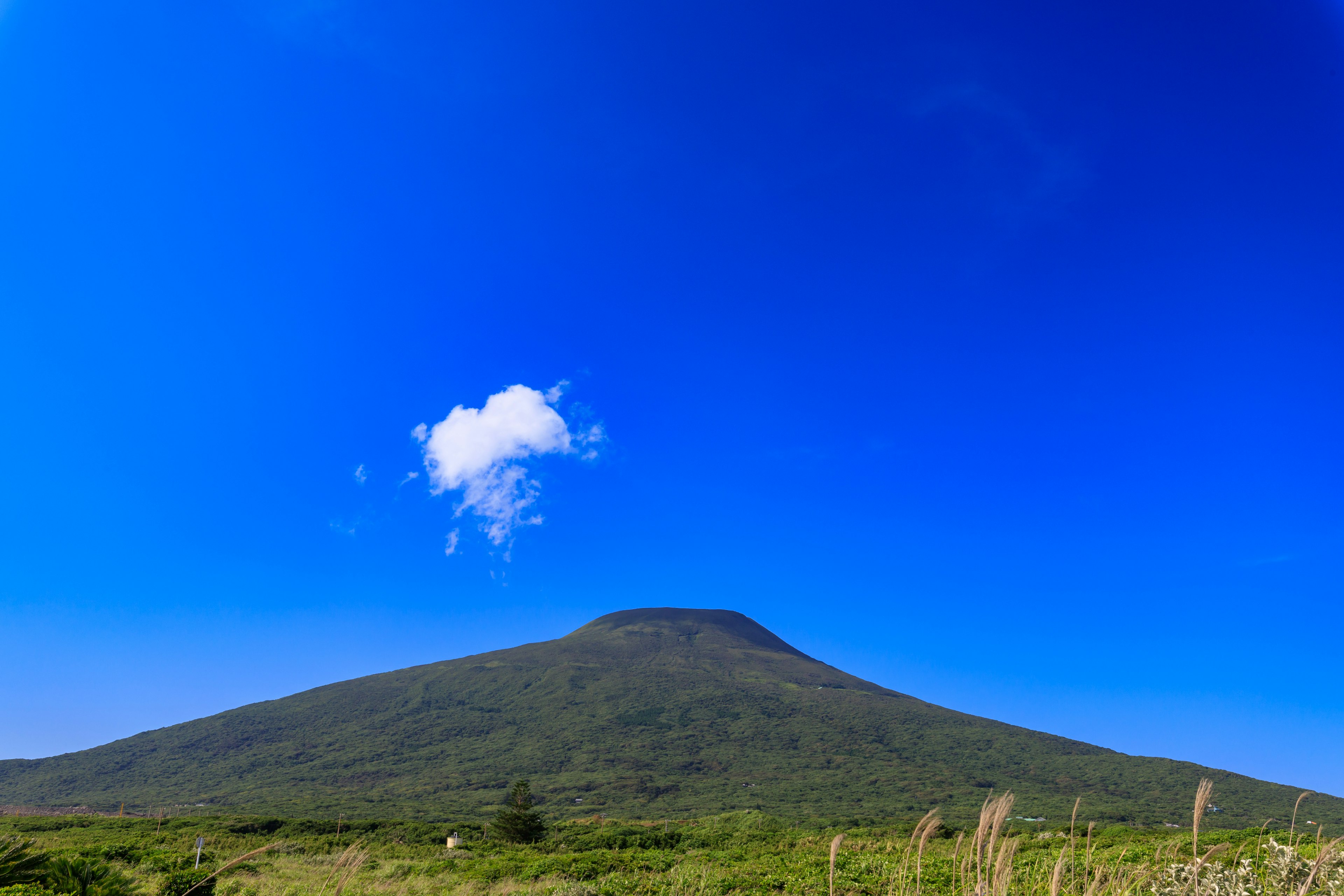 Un paesaggio con una montagna verde sotto un cielo azzurro