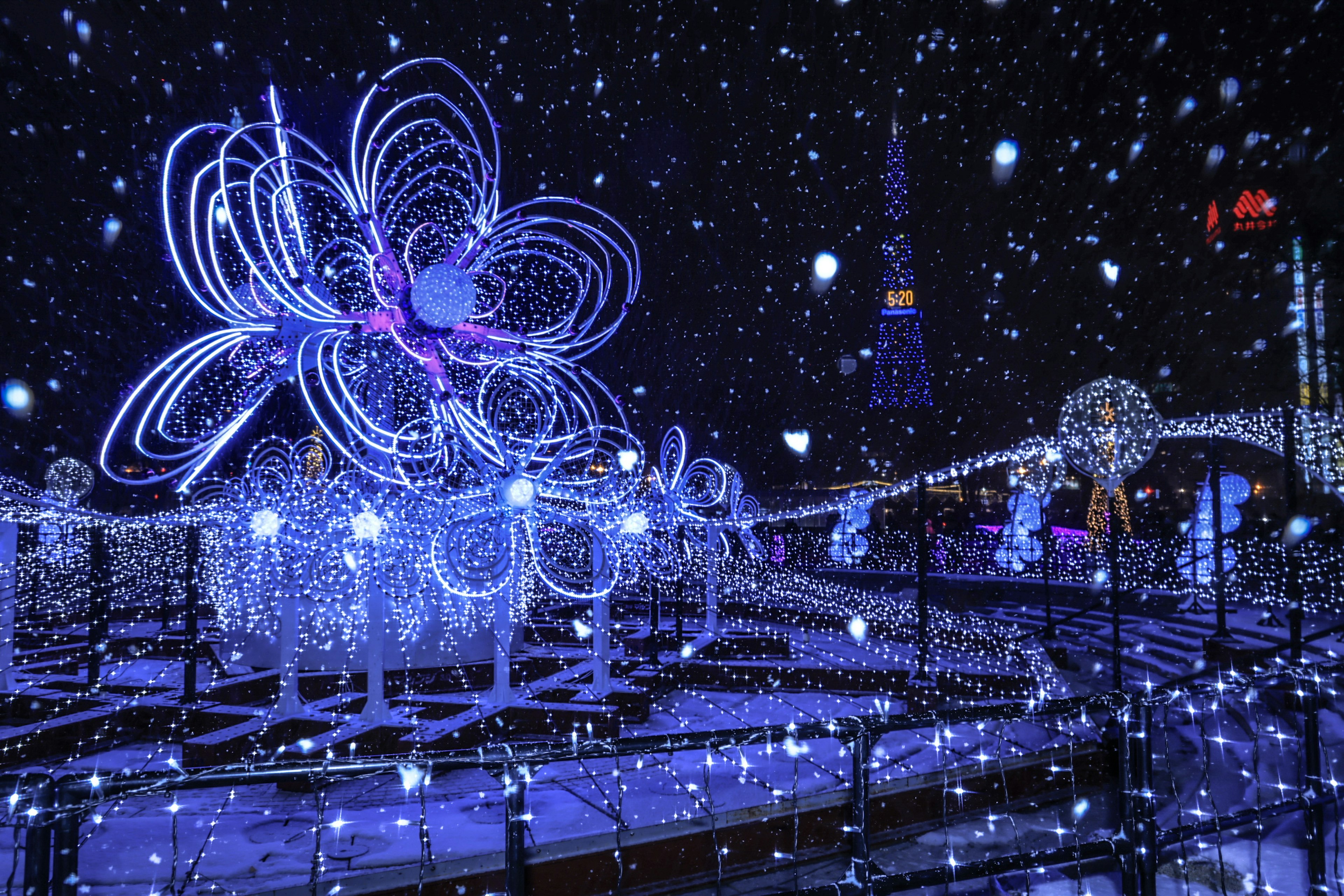 夜の光の装飾と雪の中の大きな花の形のイルミネーション