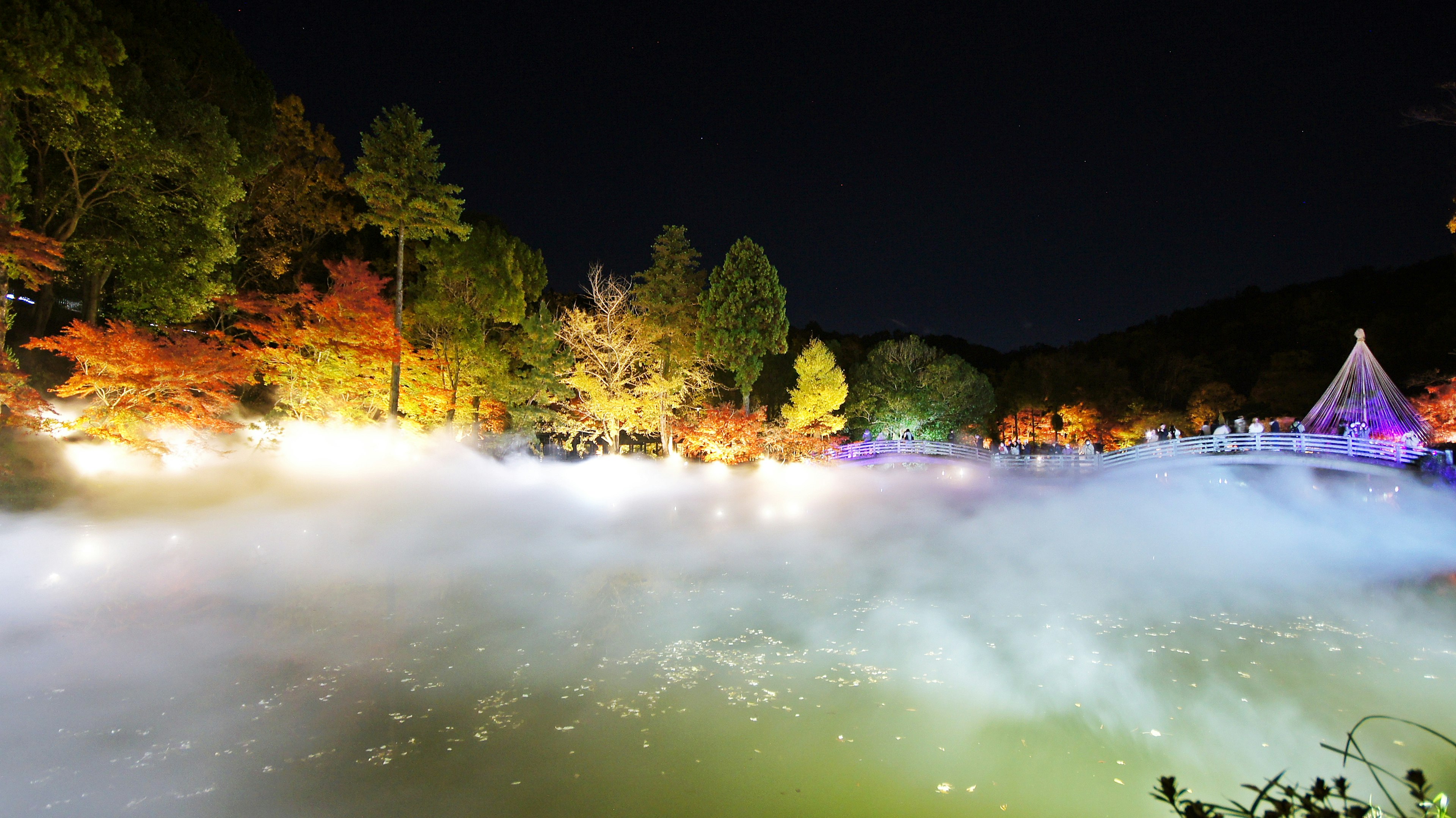 A magical night scene of colorful autumn foliage reflected in a misty pond