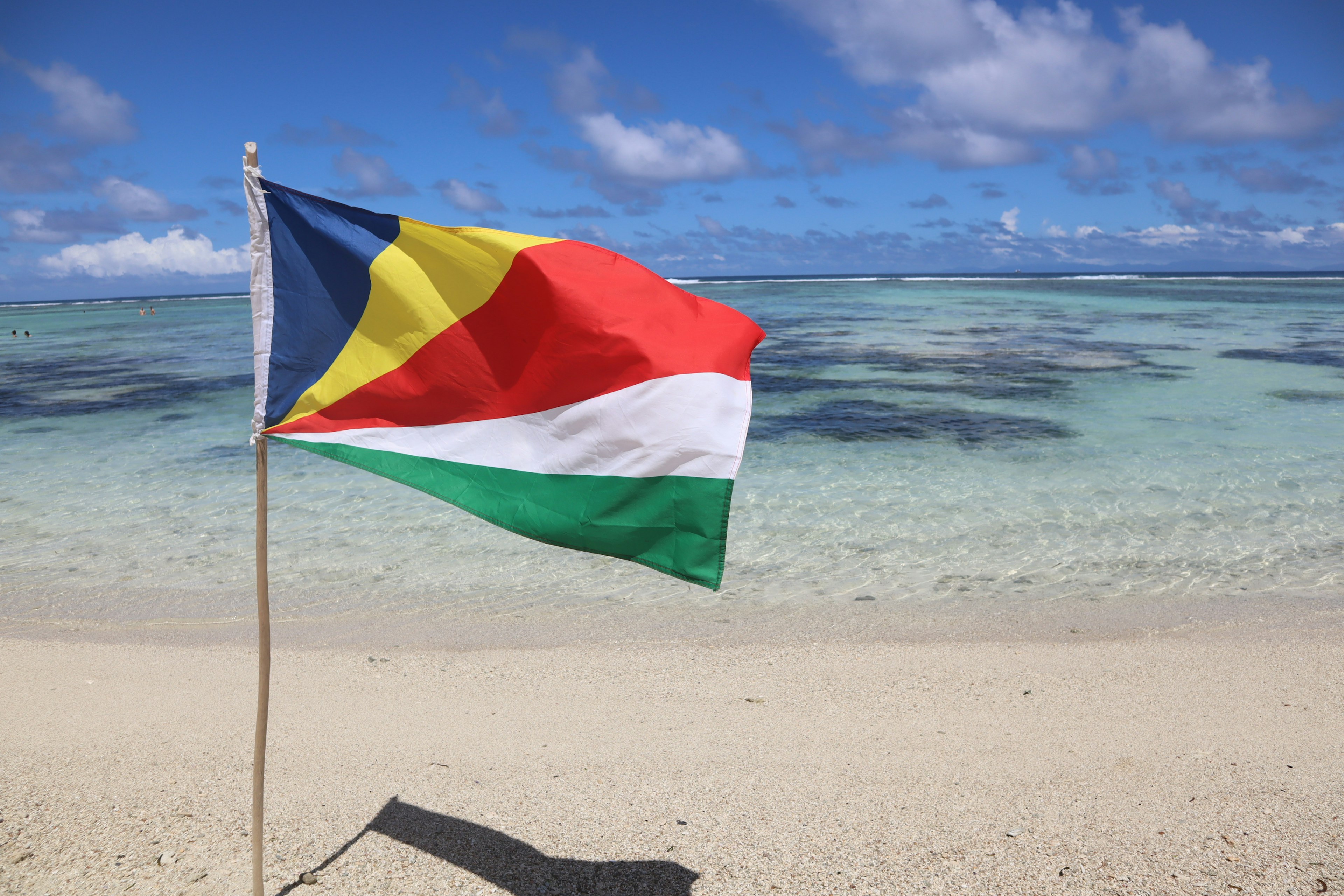 Seychelles flag waving in front of a beautiful beach