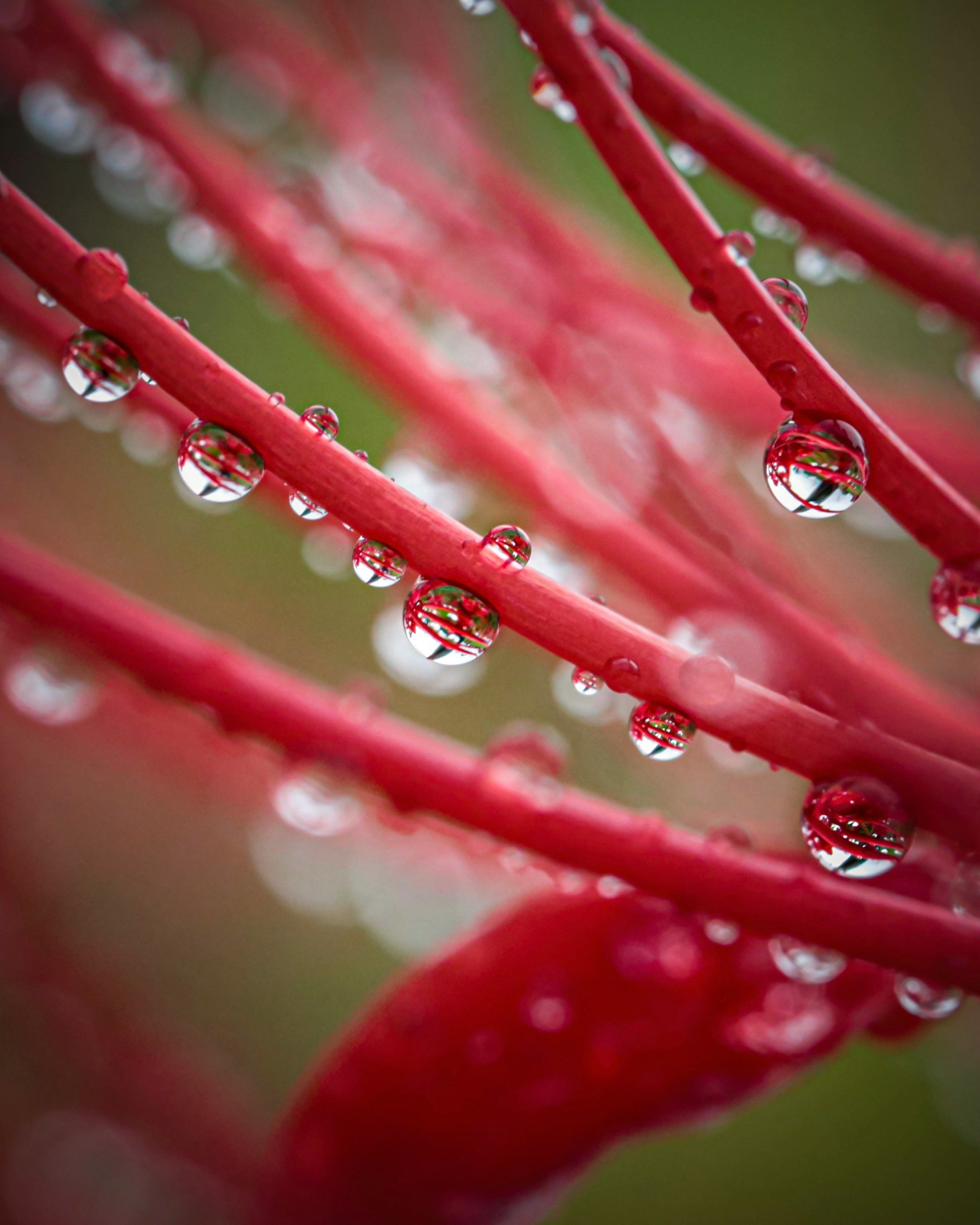 赤い植物の茎に水滴がついているクローズアップの写真