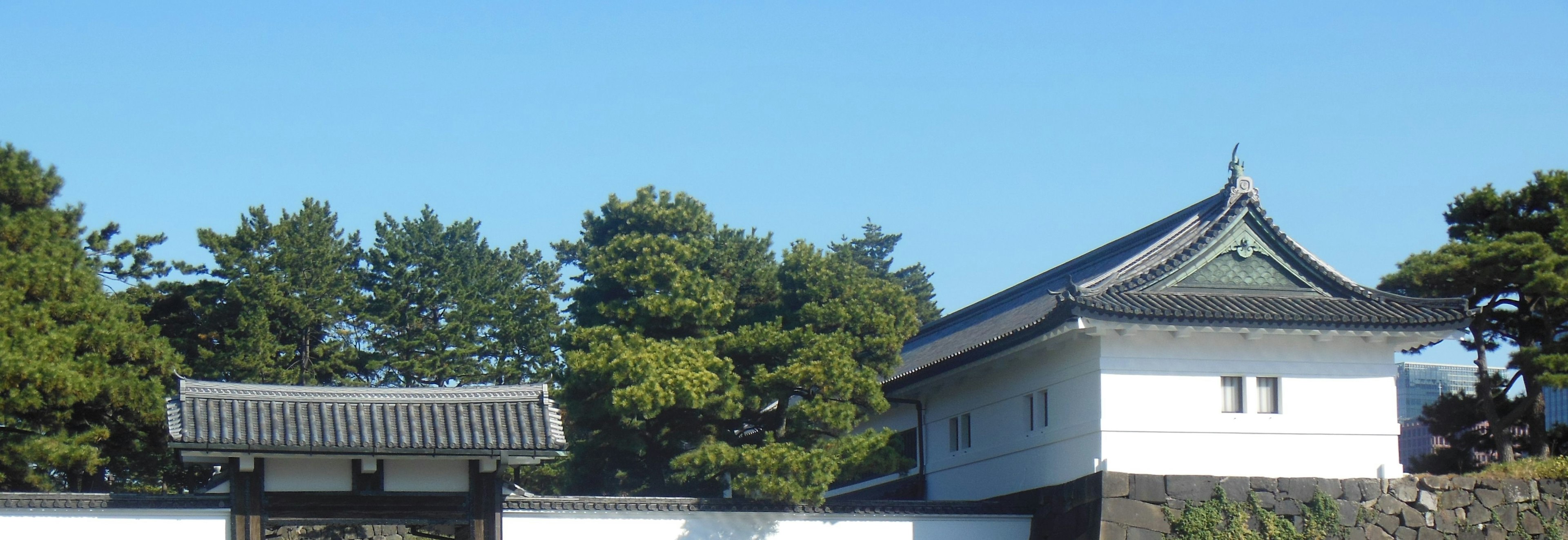 Palacio Imperial de Tokio con paredes blancas y arquitectura de techo tradicional