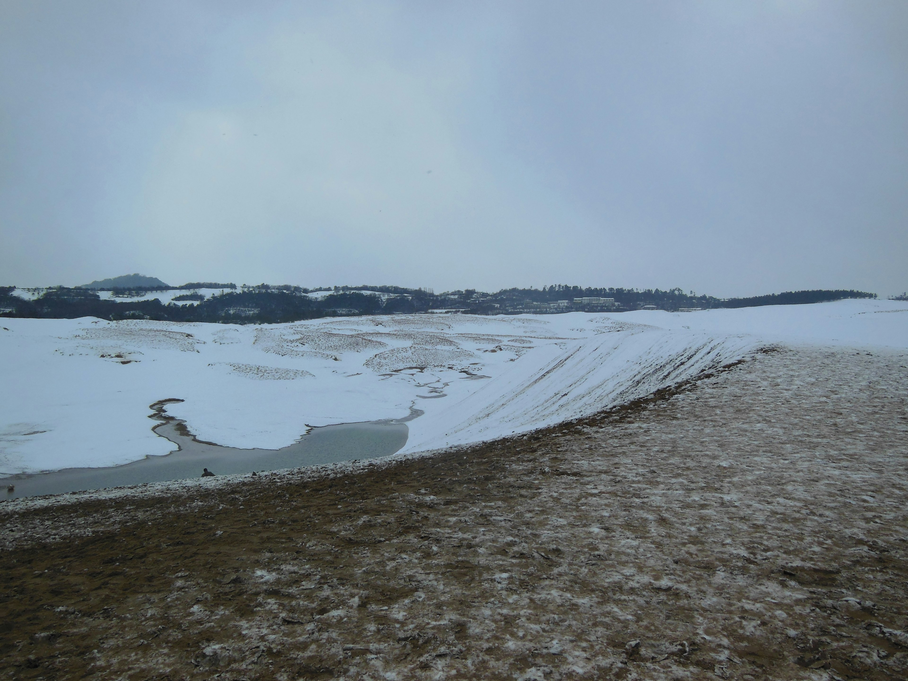 Paesaggio innevato con un fiume ghiacciato