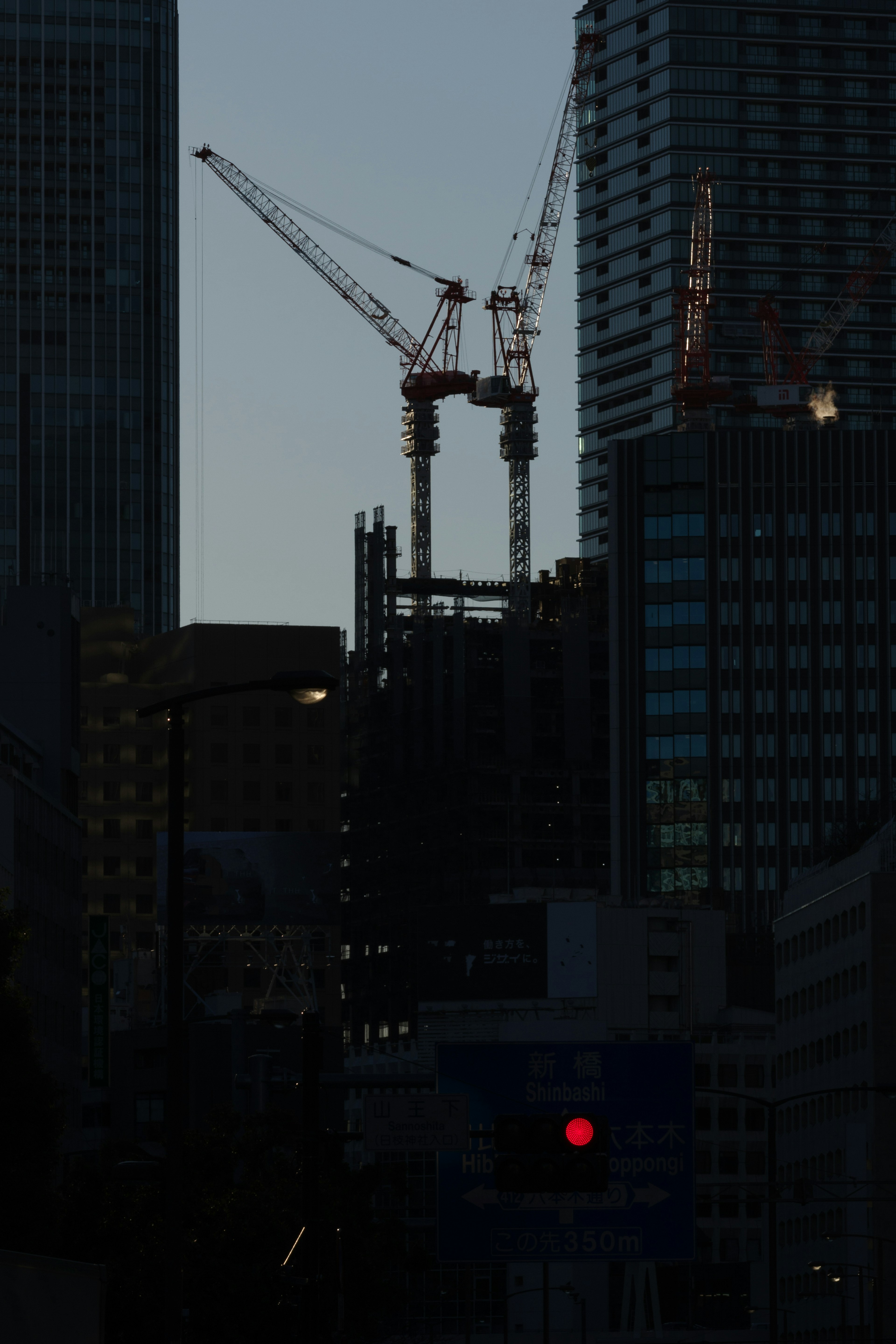 Grues en silhouette contre des gratte-ciels au crépuscule