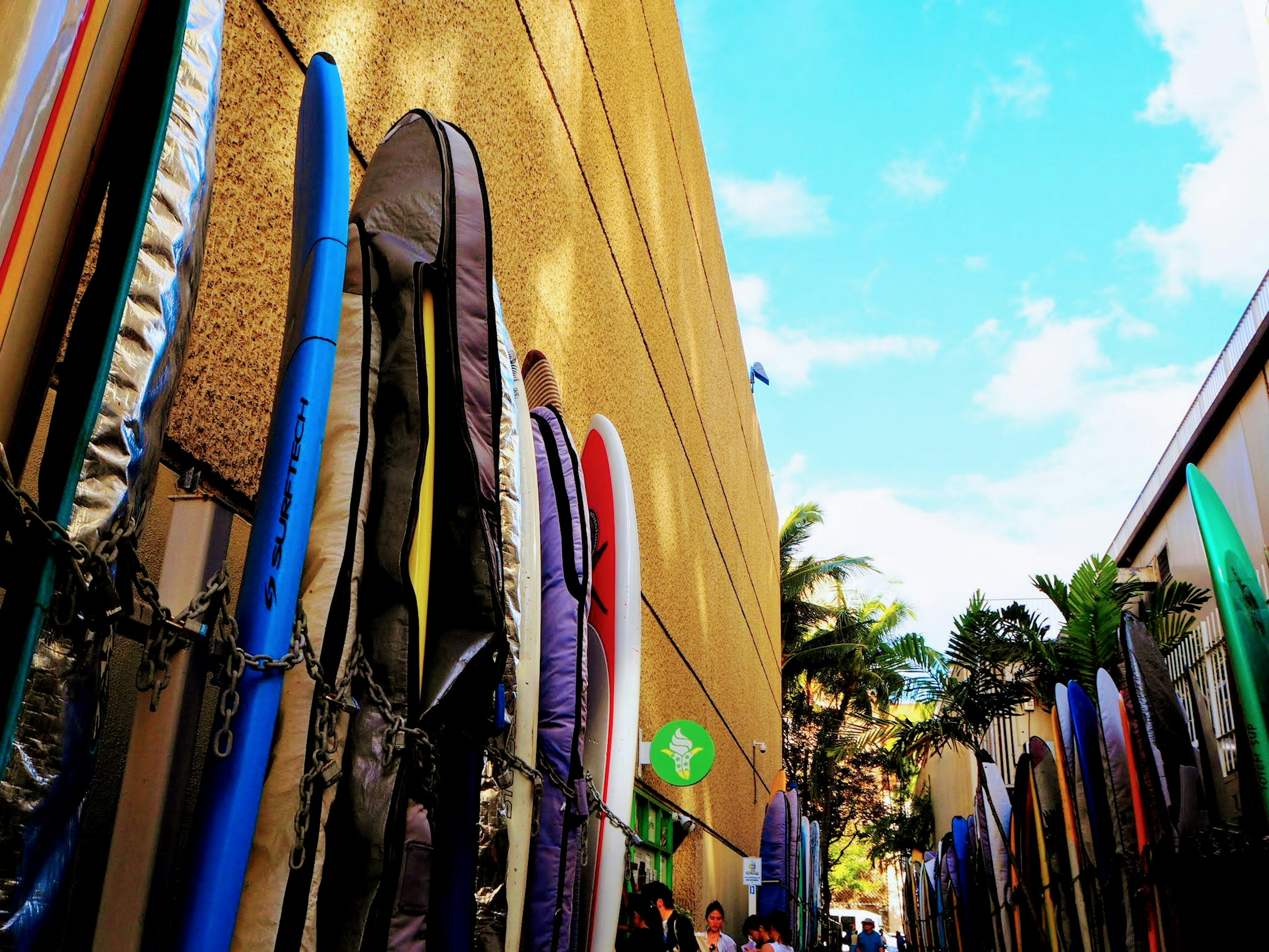 Tablas de surf coloridas alineadas contra una pared bajo un cielo azul