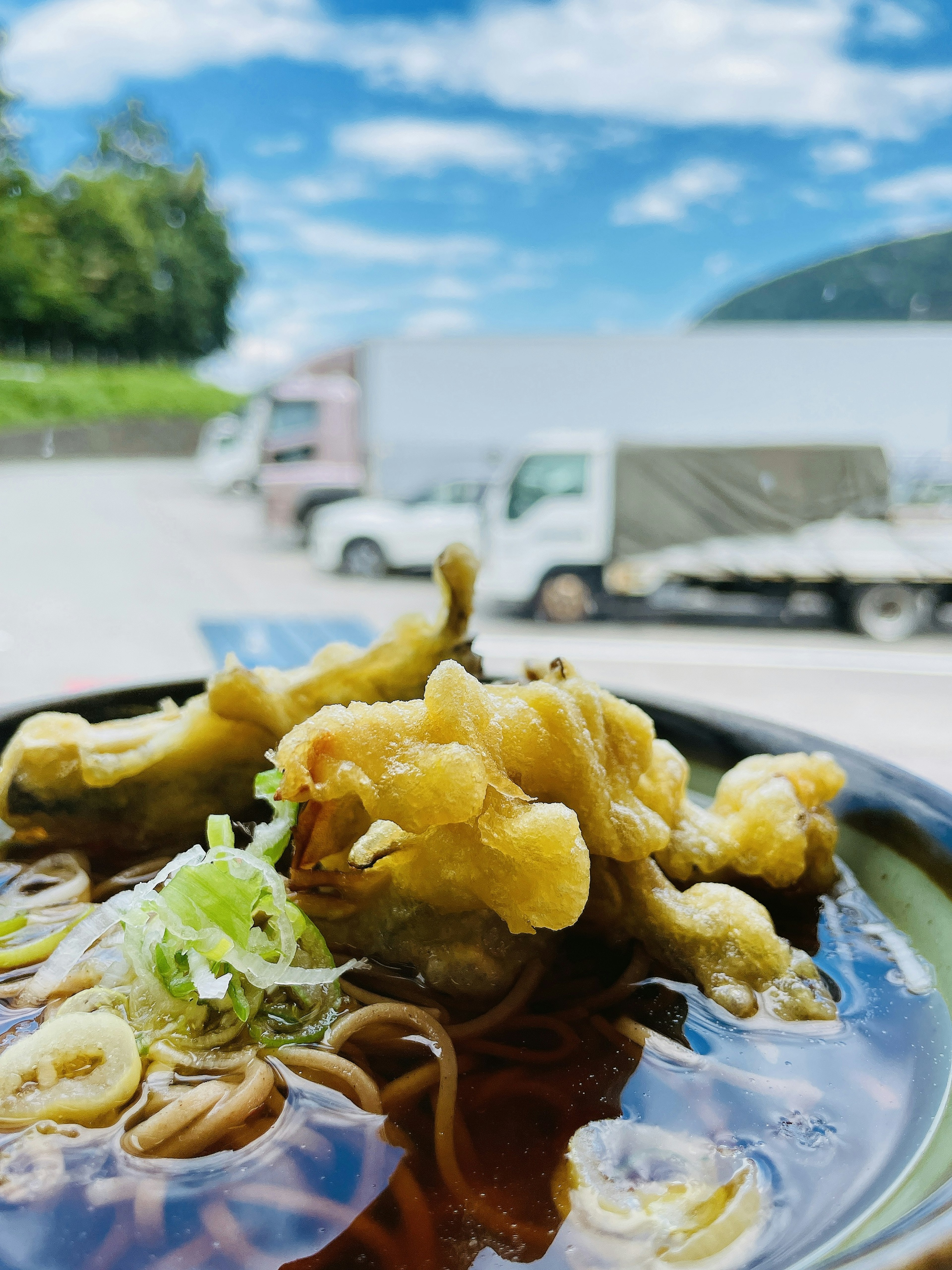 天婦羅蕎麥麵碗與藍天背景