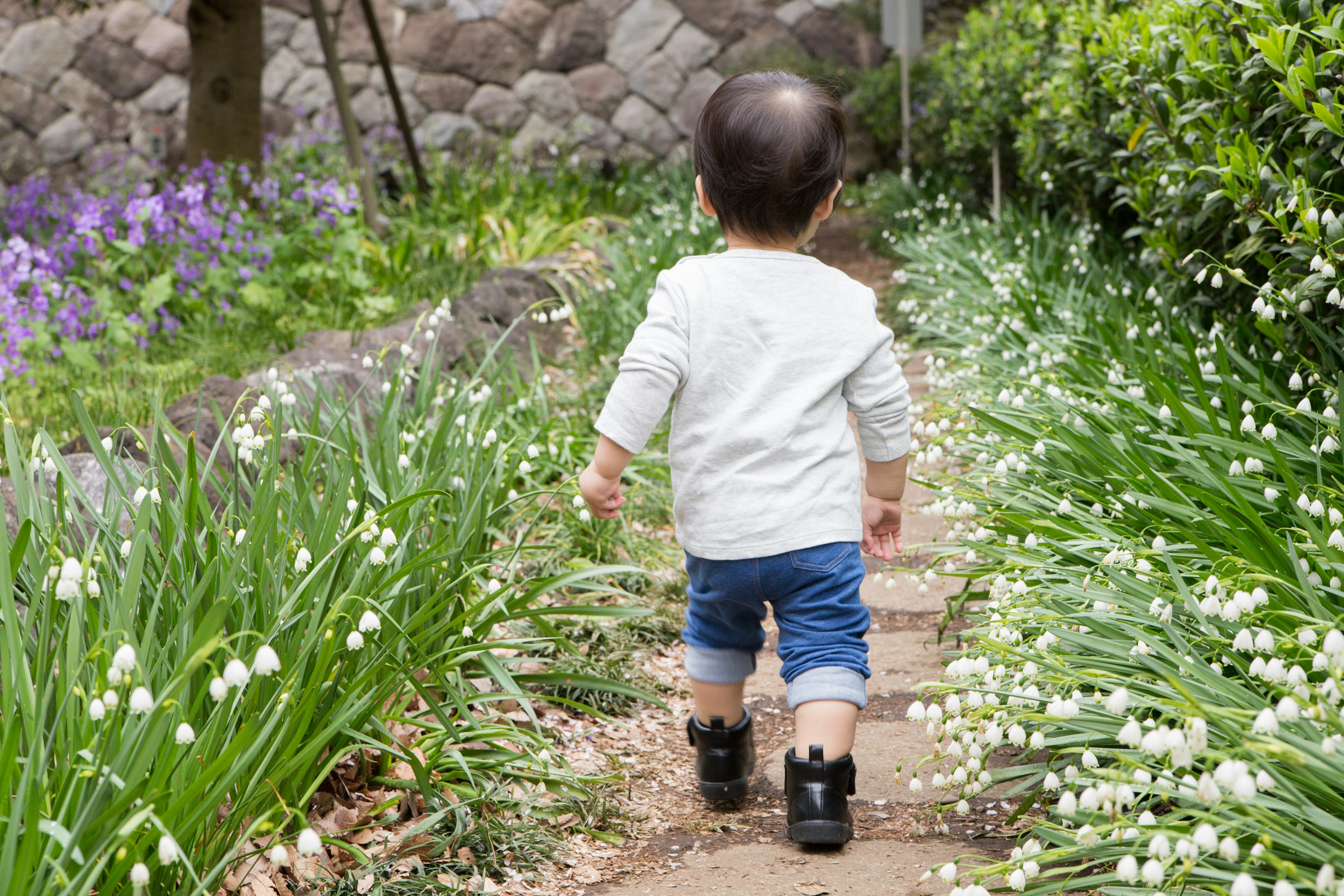 A child walking down a path surrounded by flowers