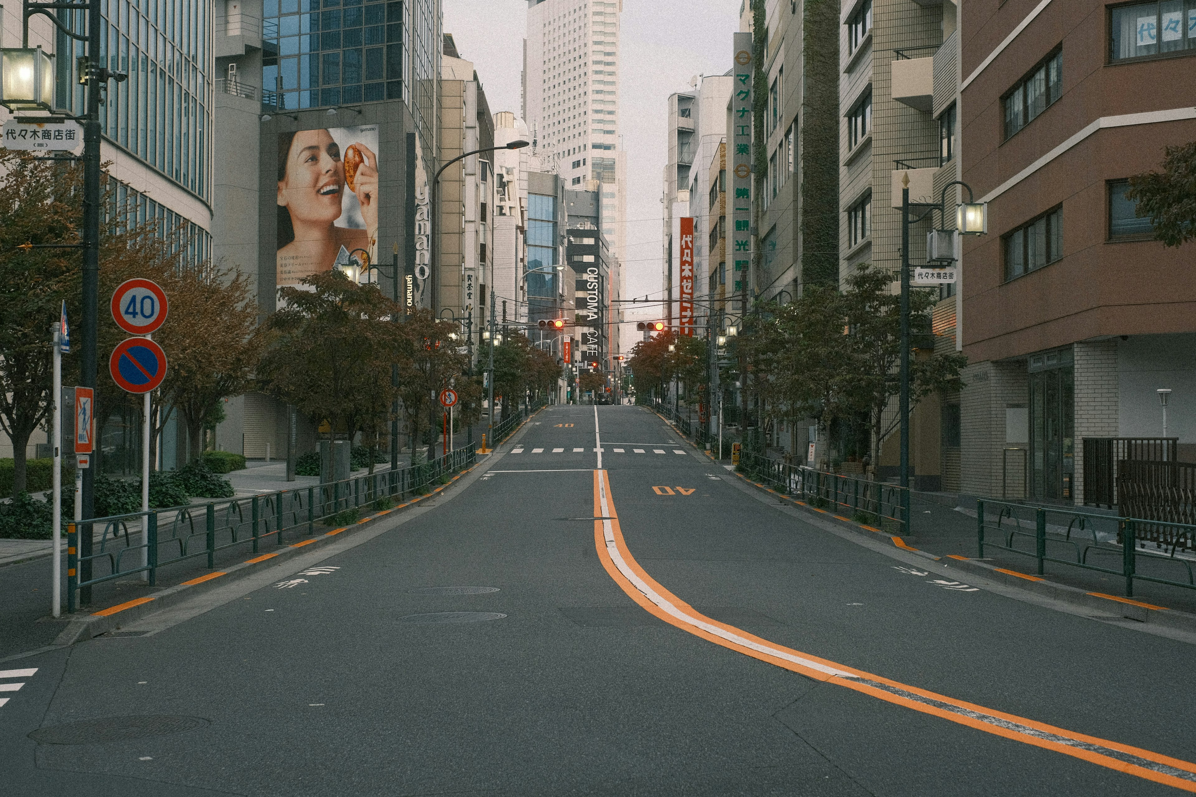 都市の通りに沿ったビルと看板が並び空が曇り気味の風景