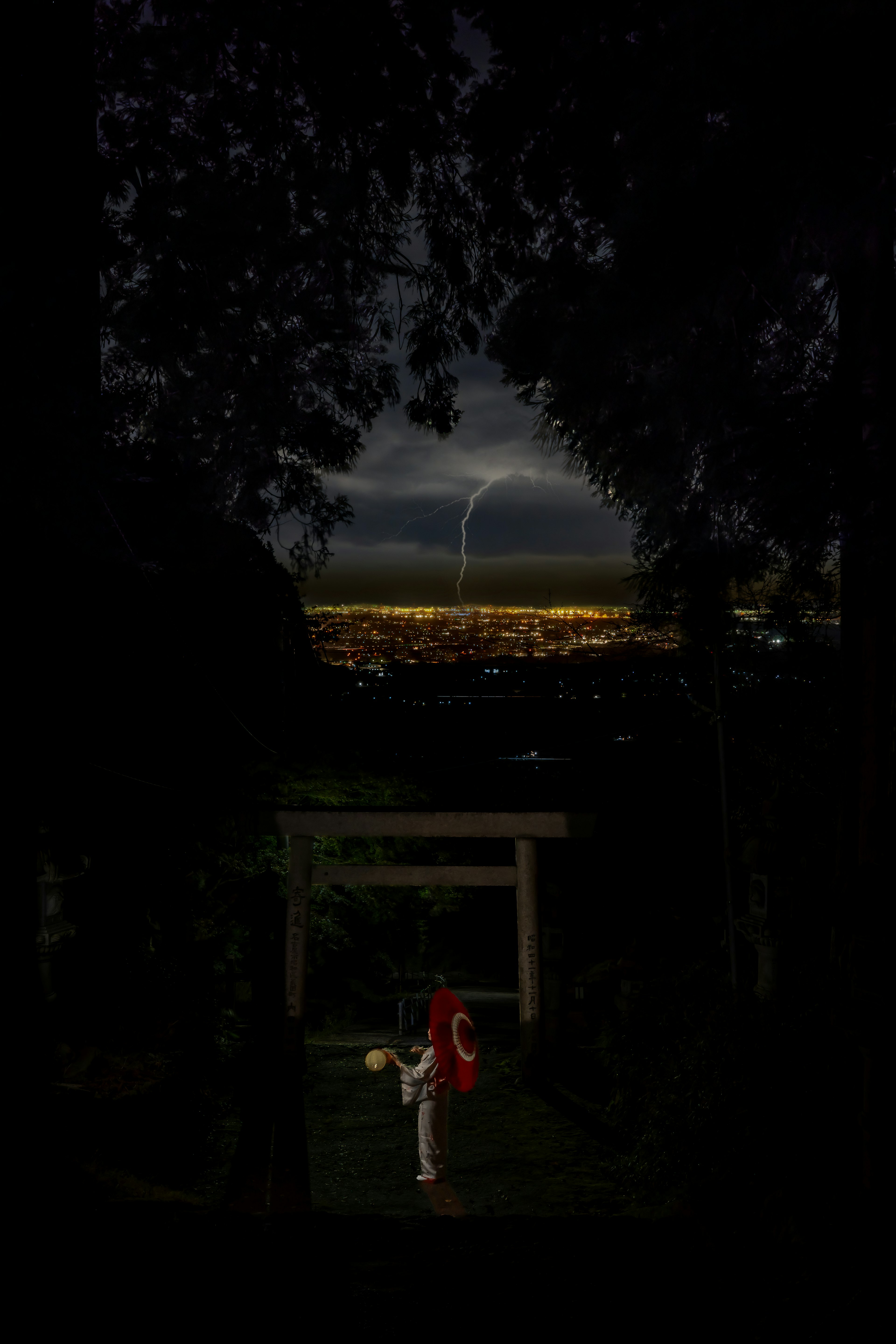 夜空に雷光が映える都市の景色を見つめる人物