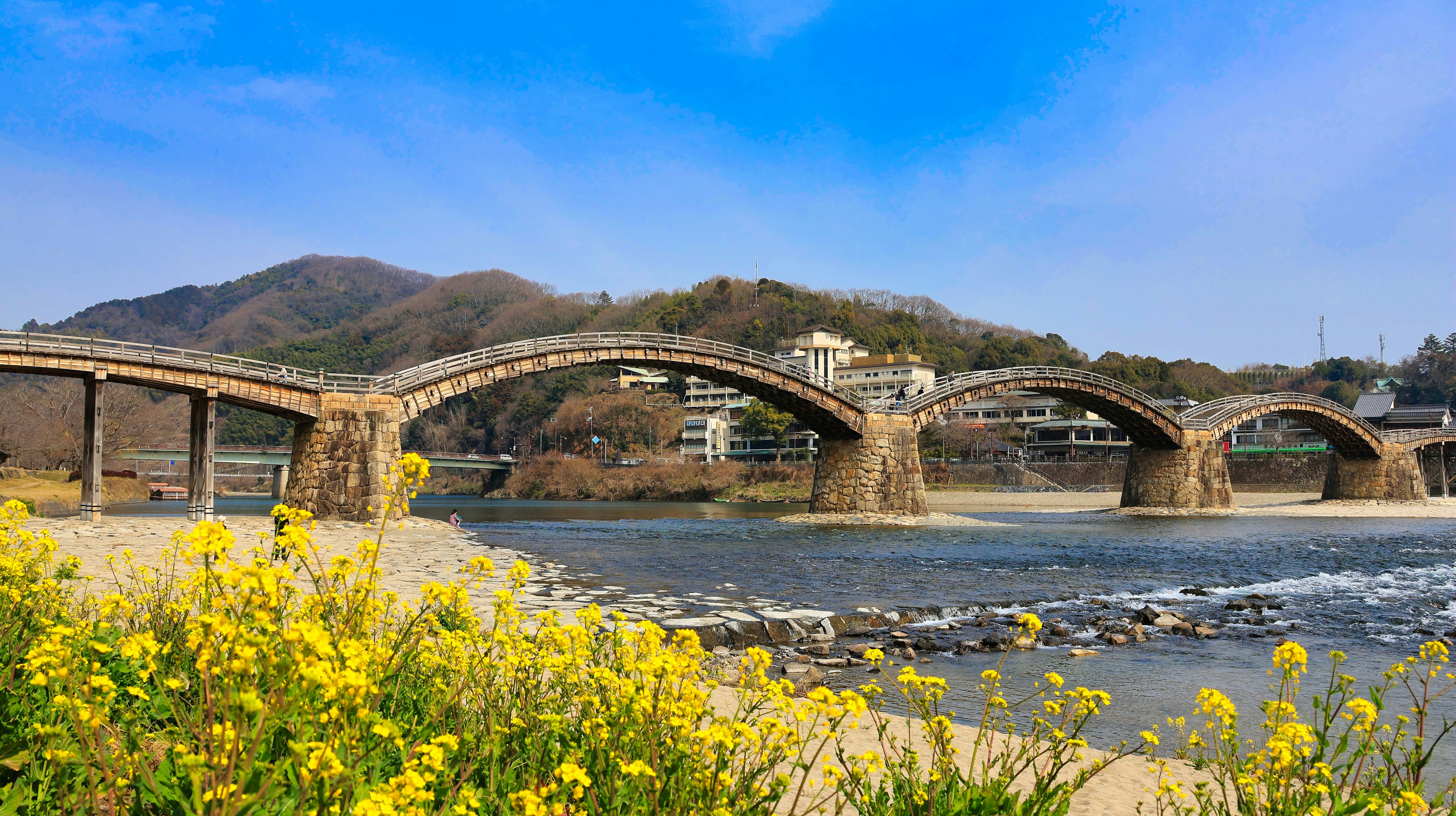 Malersicher Blick auf eine Steinbrücke über einen Fluss mit gelben Blumen im Vordergrund