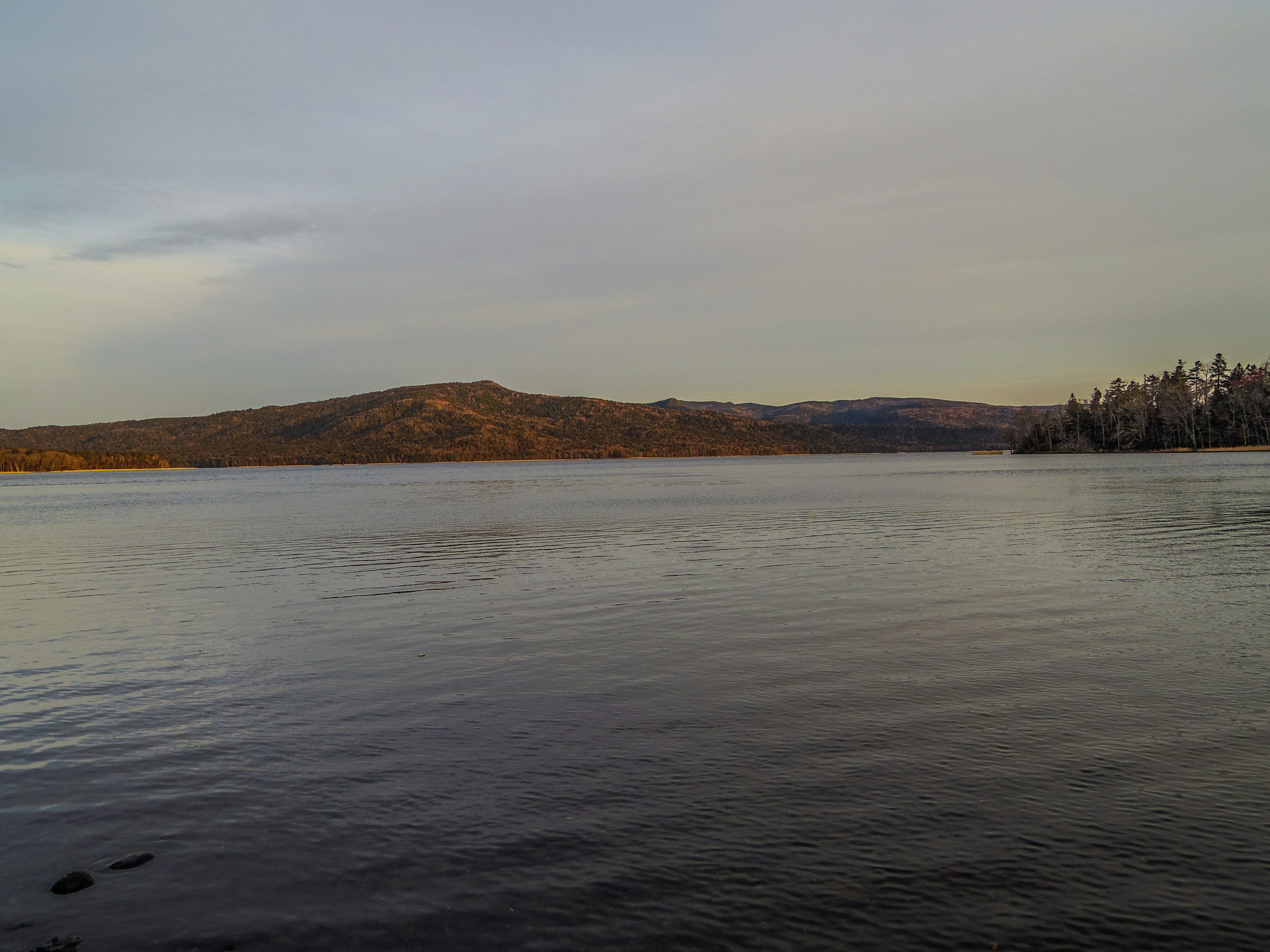 Calm lake view with smooth water surface