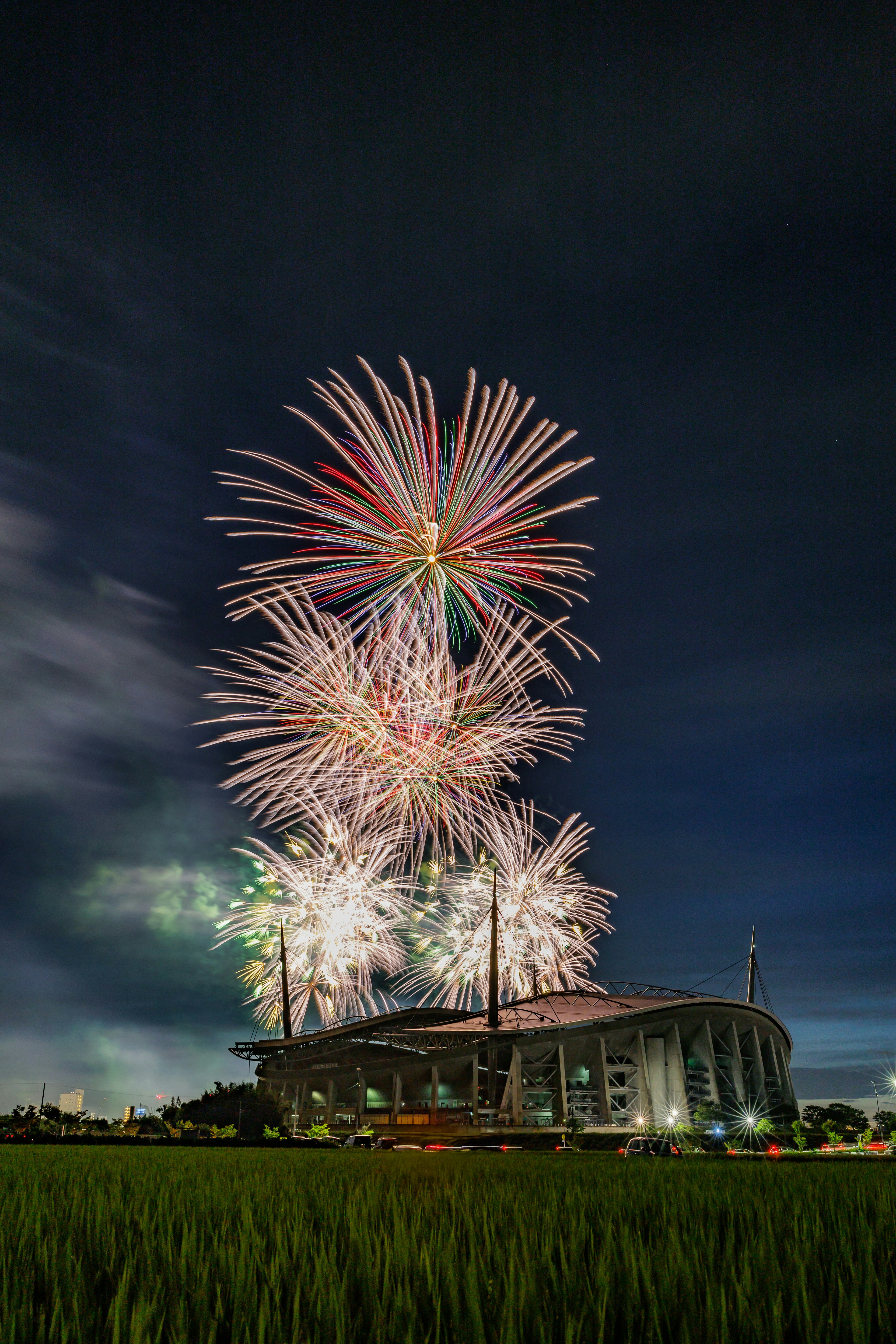 Feuerwerk im Nachthimmel über einem Stadion mit grünen Feldern