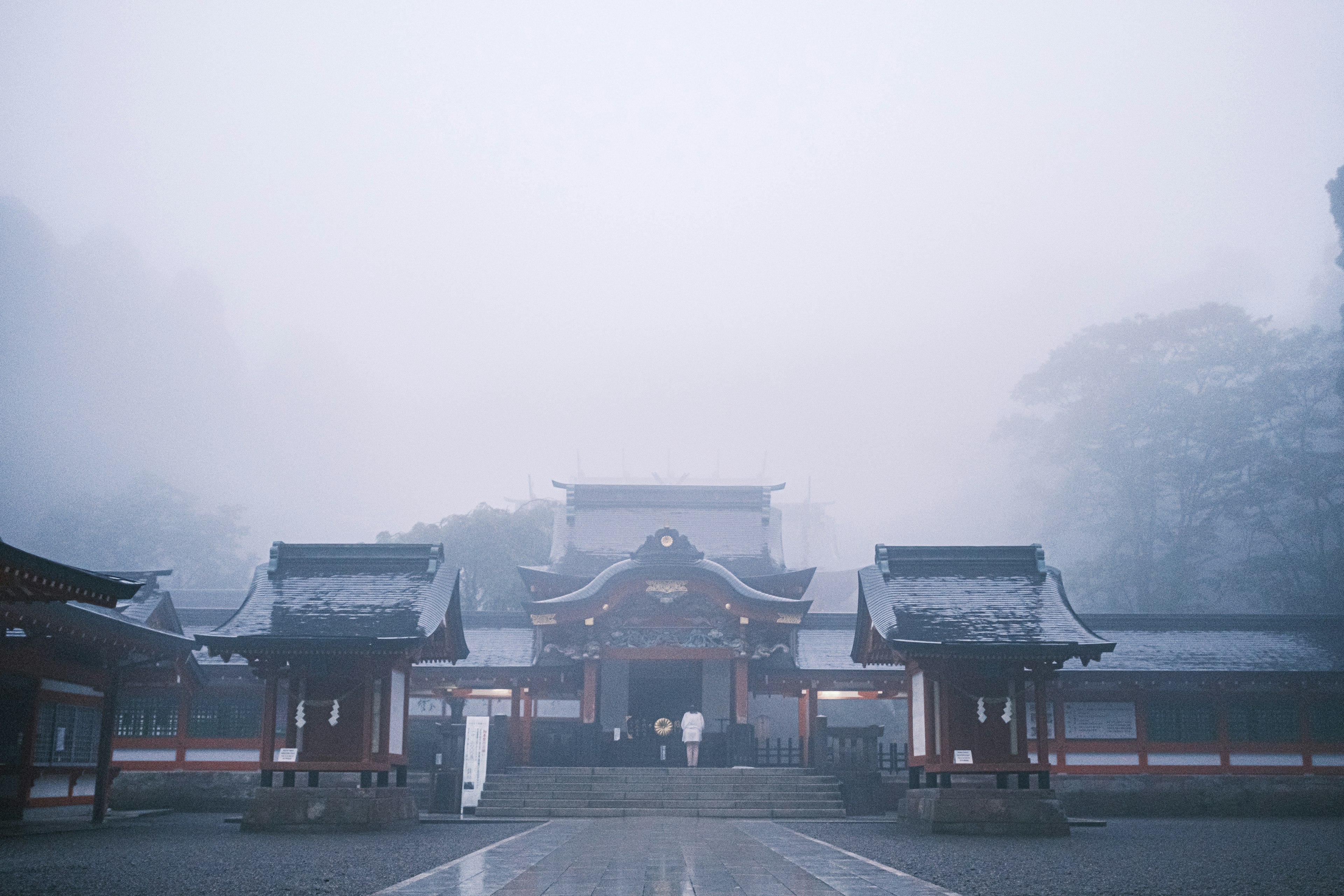 霧に包まれた神社の建物の画像