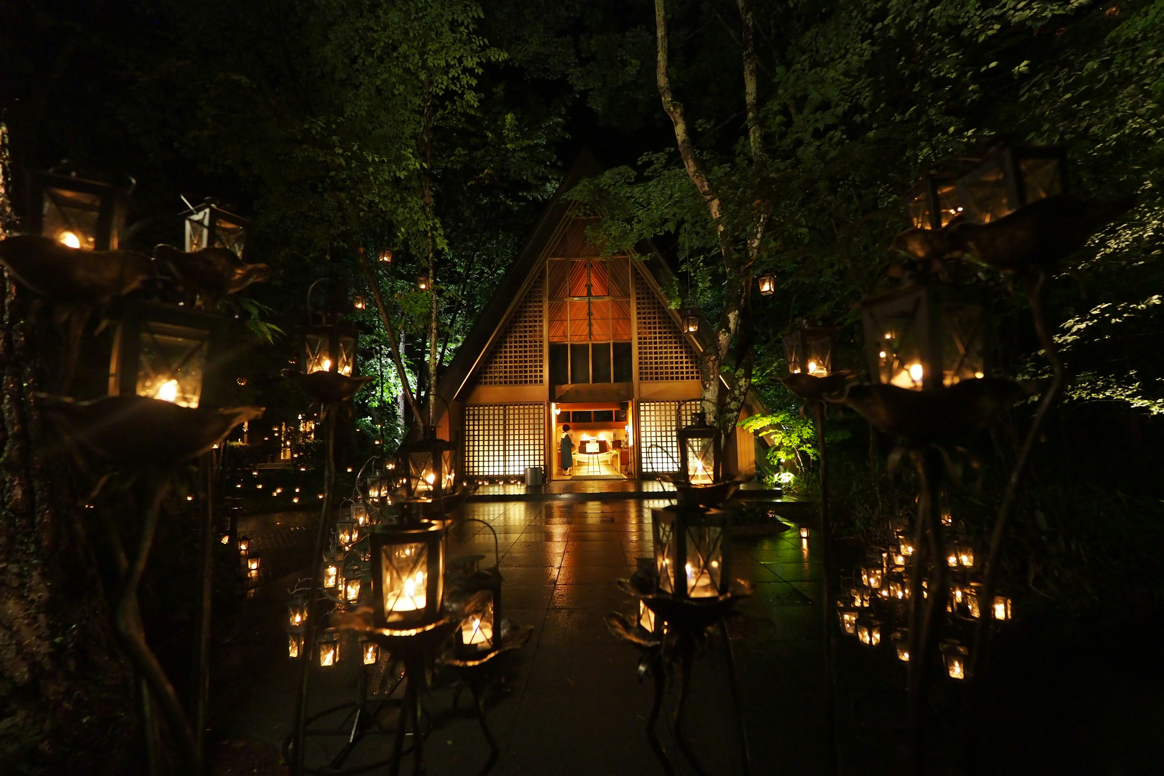 Wooden house illuminated by lanterns in a nighttime forest