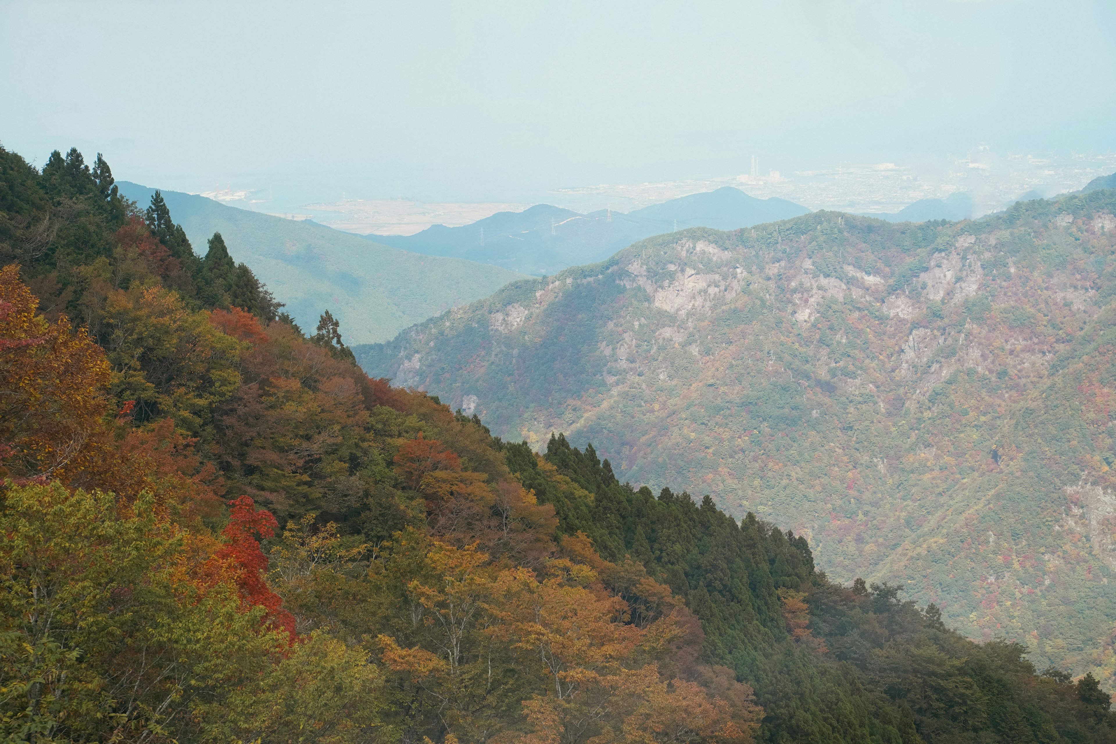 ทิวทัศน์ภูเขาฤดูใบไม้ร่วงที่สวยงาม มีใบไม้สีเขียวและสีแดงสดใส