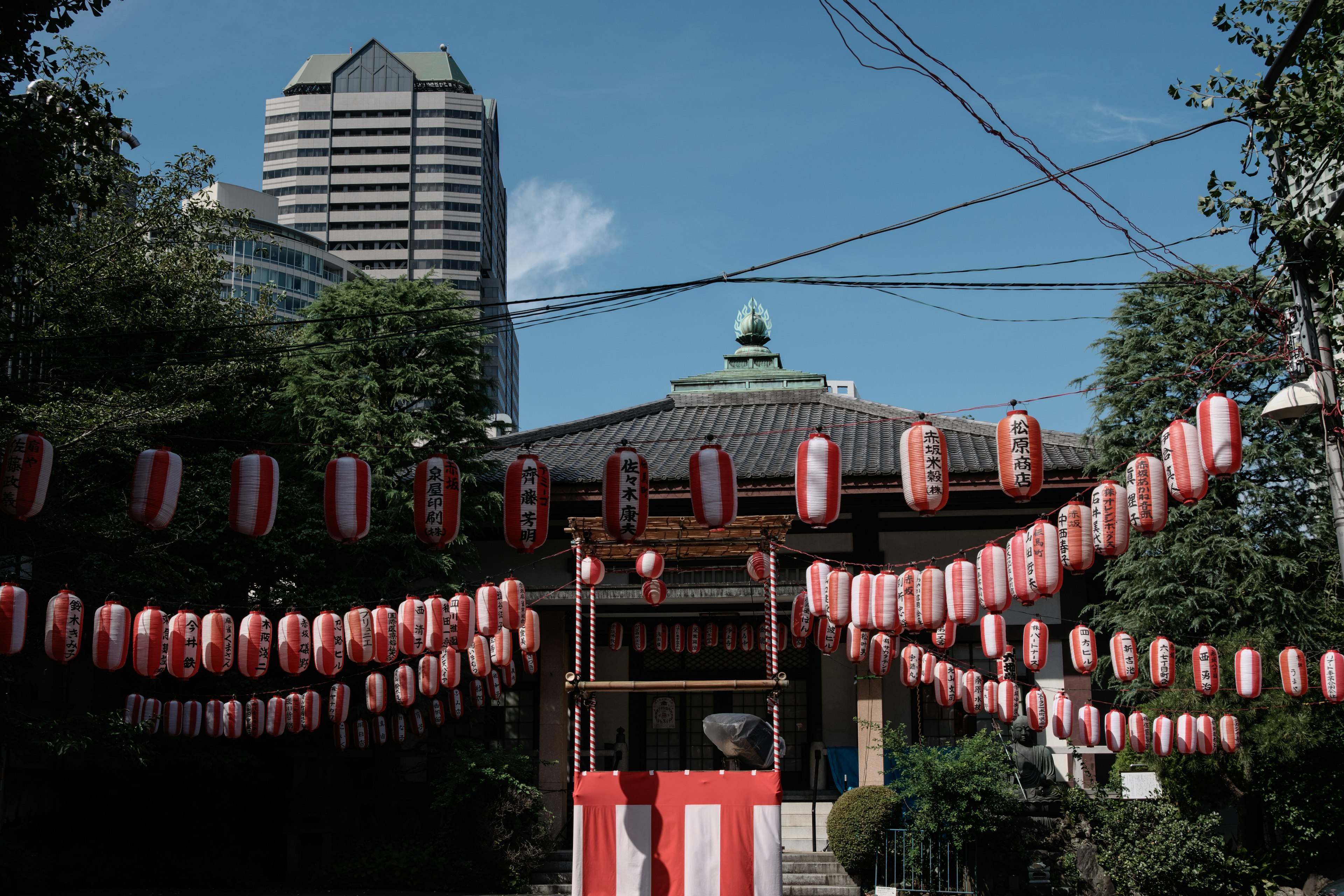 Edificio japonés tradicional adornado con faroles rojos y un rascacielos al fondo