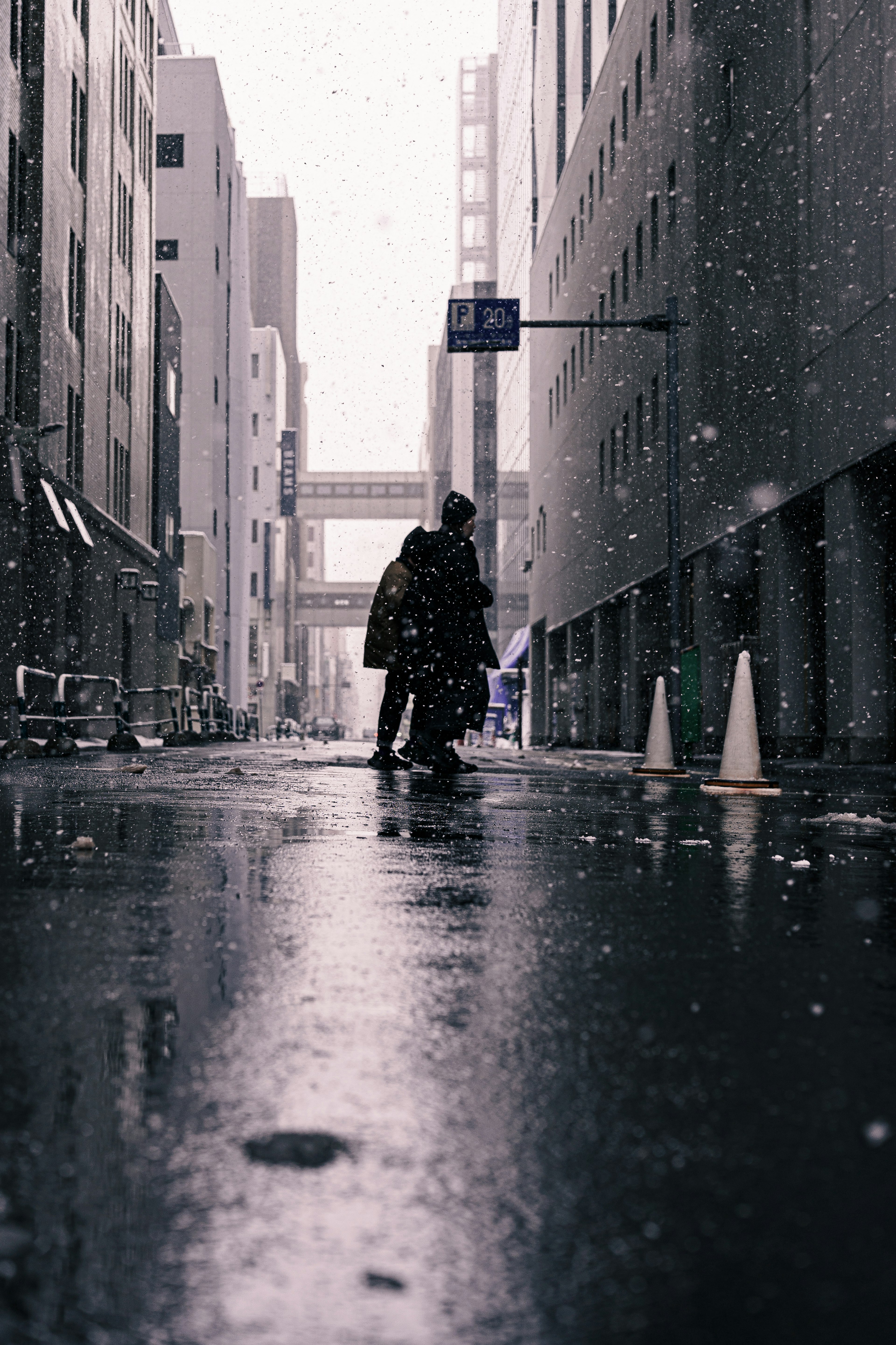 Two people walking in a snowy urban street with umbrellas