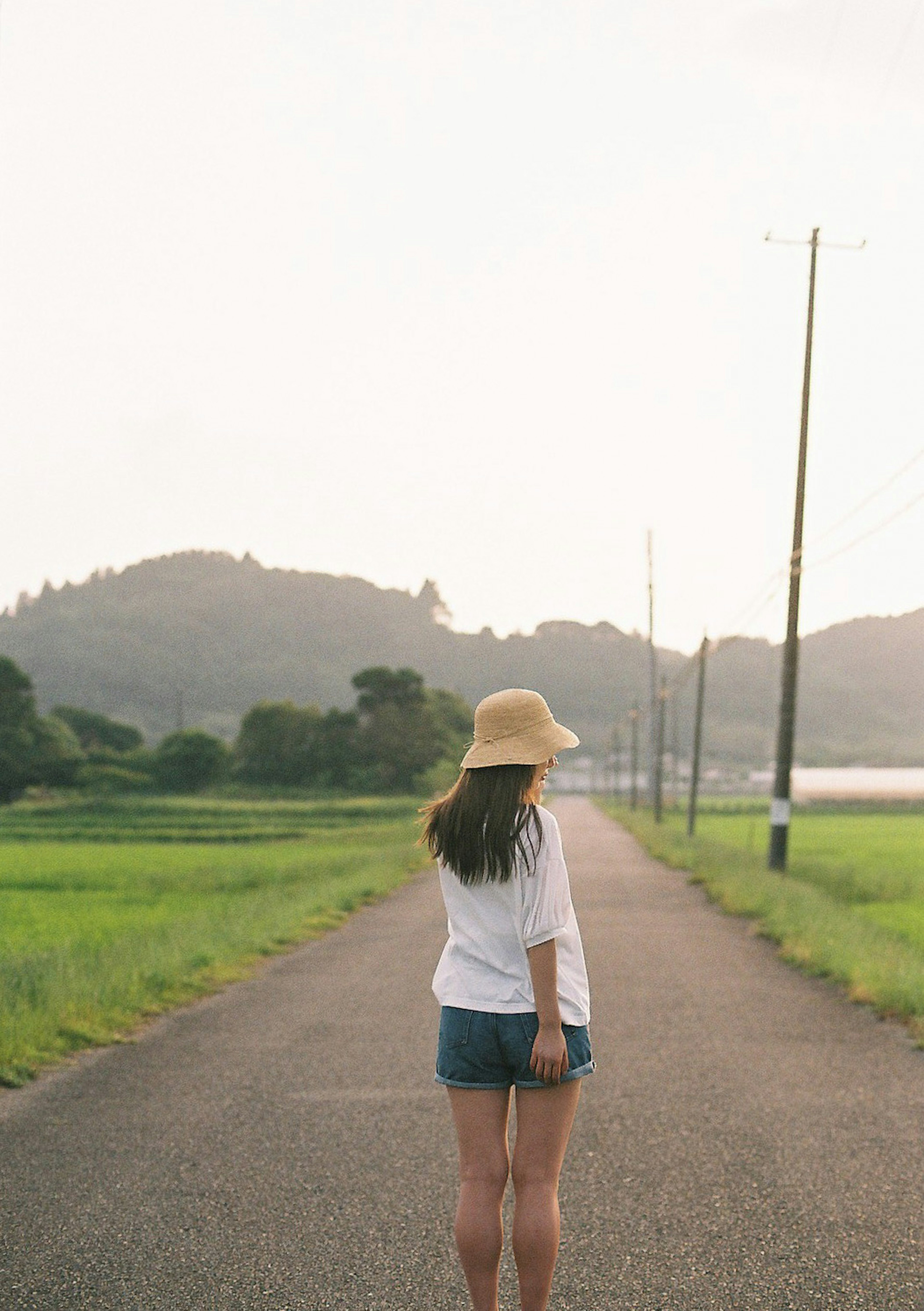 女性が麦わら帽子をかぶり田舎道を歩く風景