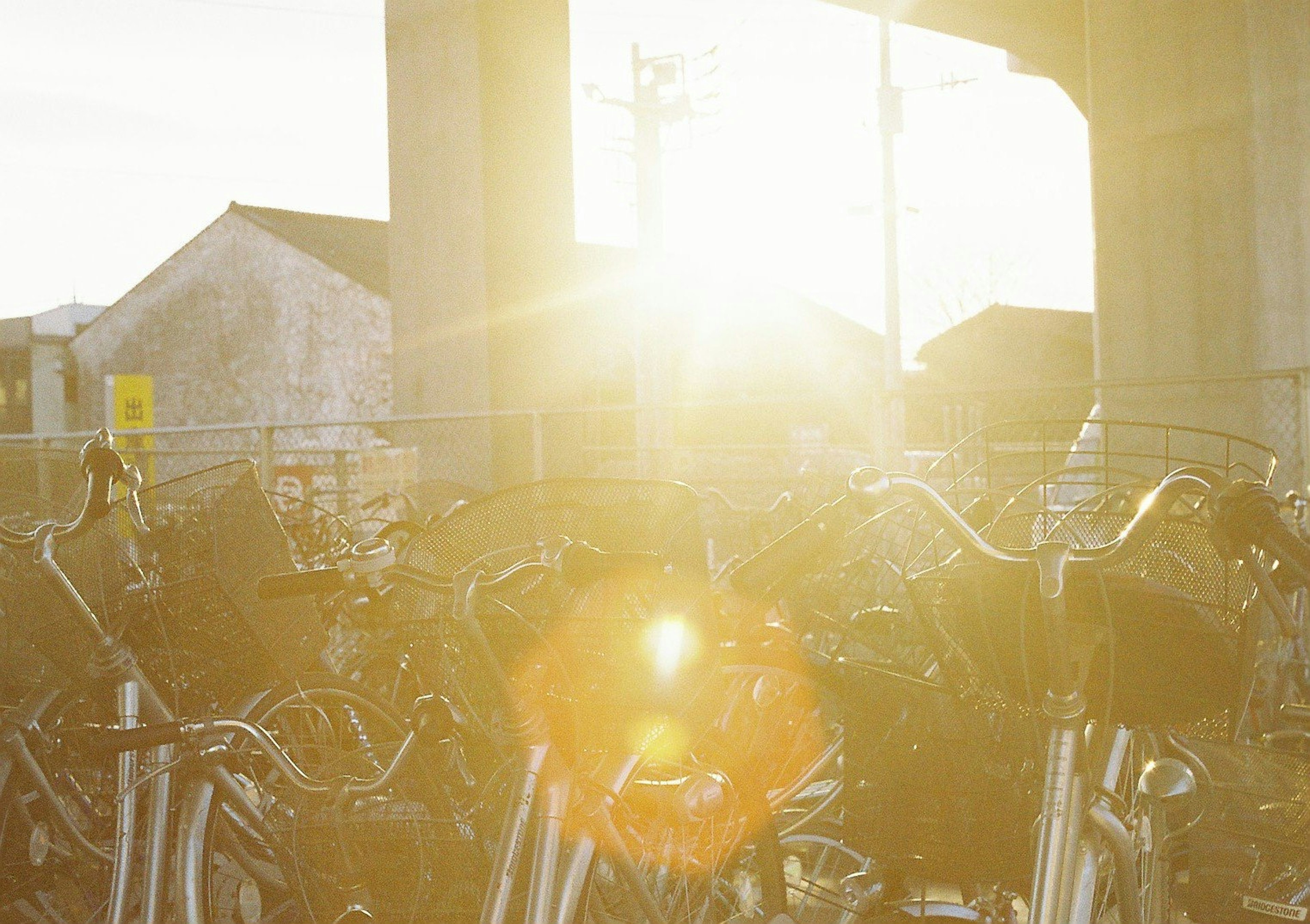 A cluster of bicycles illuminated by the morning sun