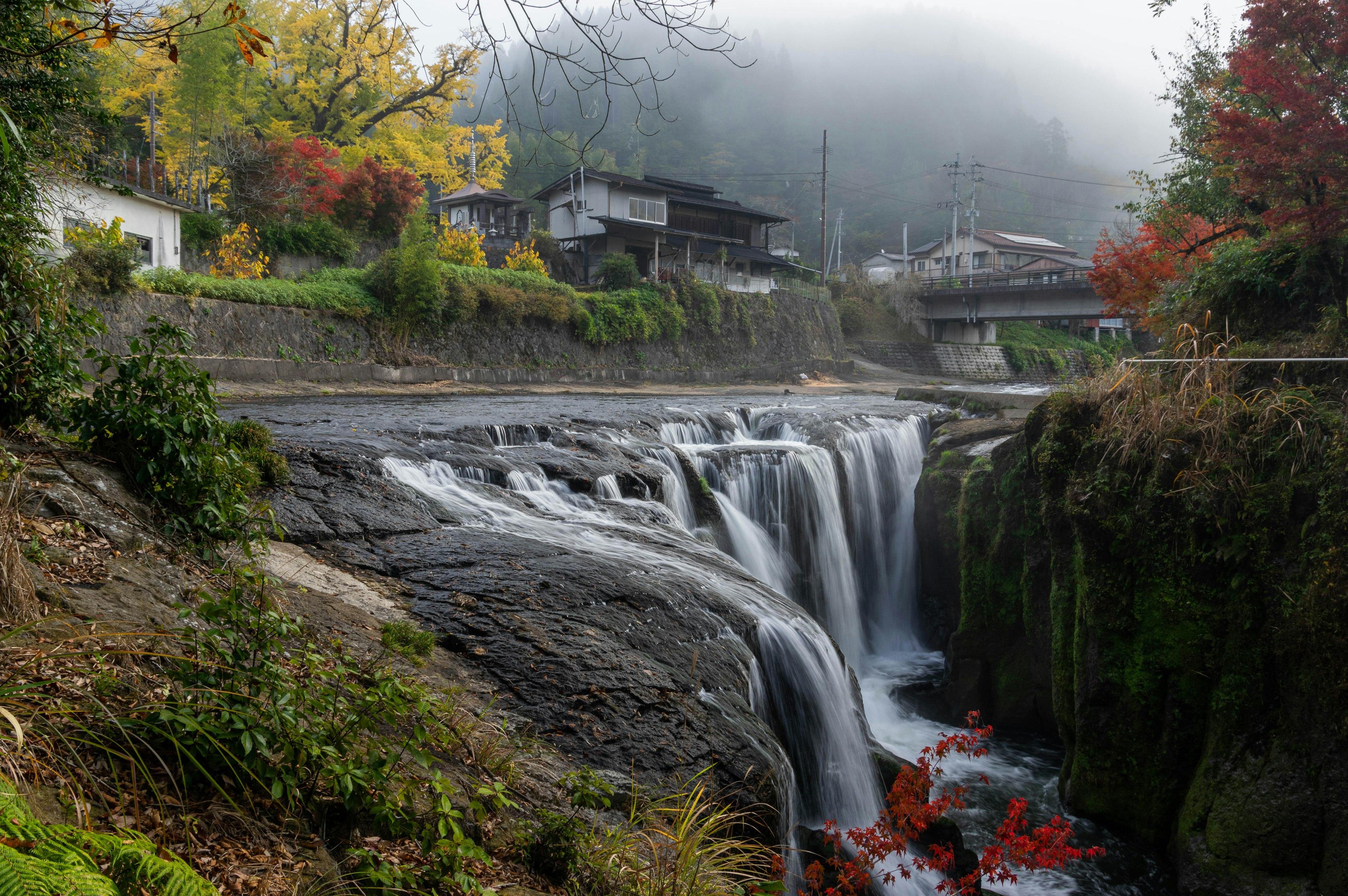 美しい滝と秋の紅葉の風景が広がる写真