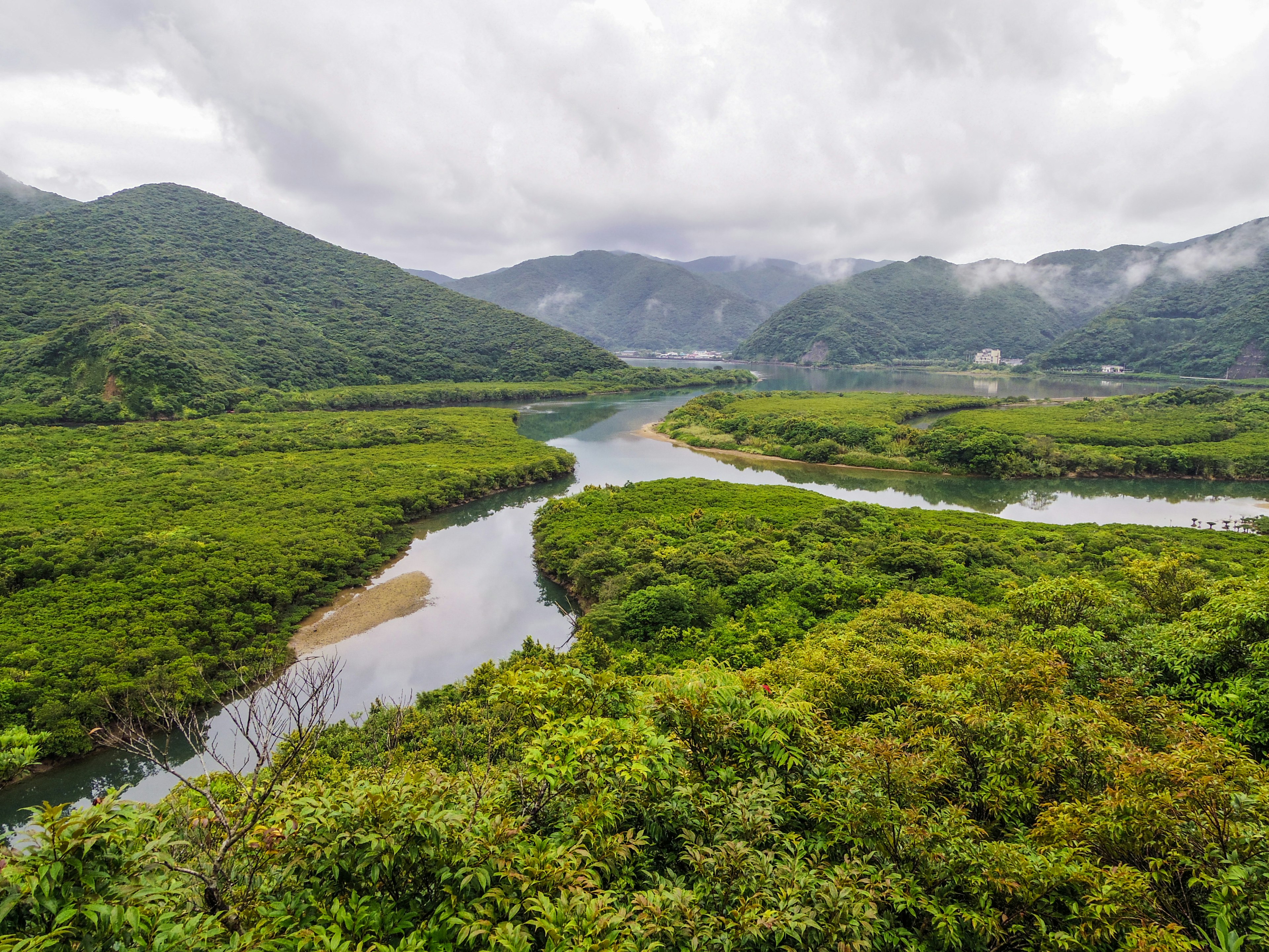 Landschaft mit einem gewundenen Fluss, umgeben von grünen Bergen